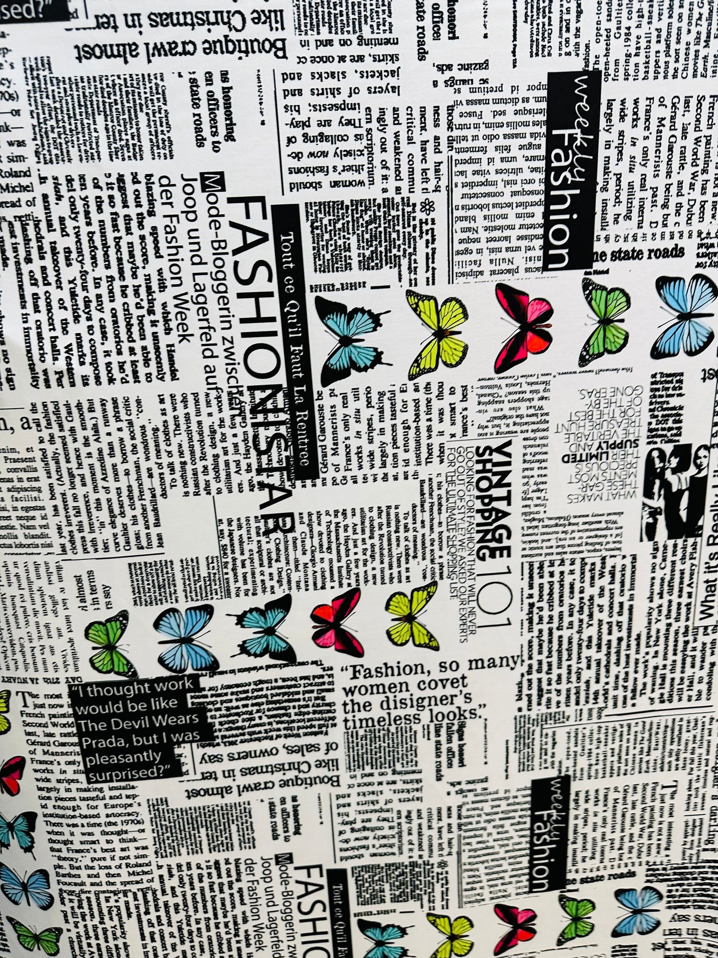 New Newspaper fashion Butterfly design print on great quality of nylon spandex 4-way stretch 58/60”