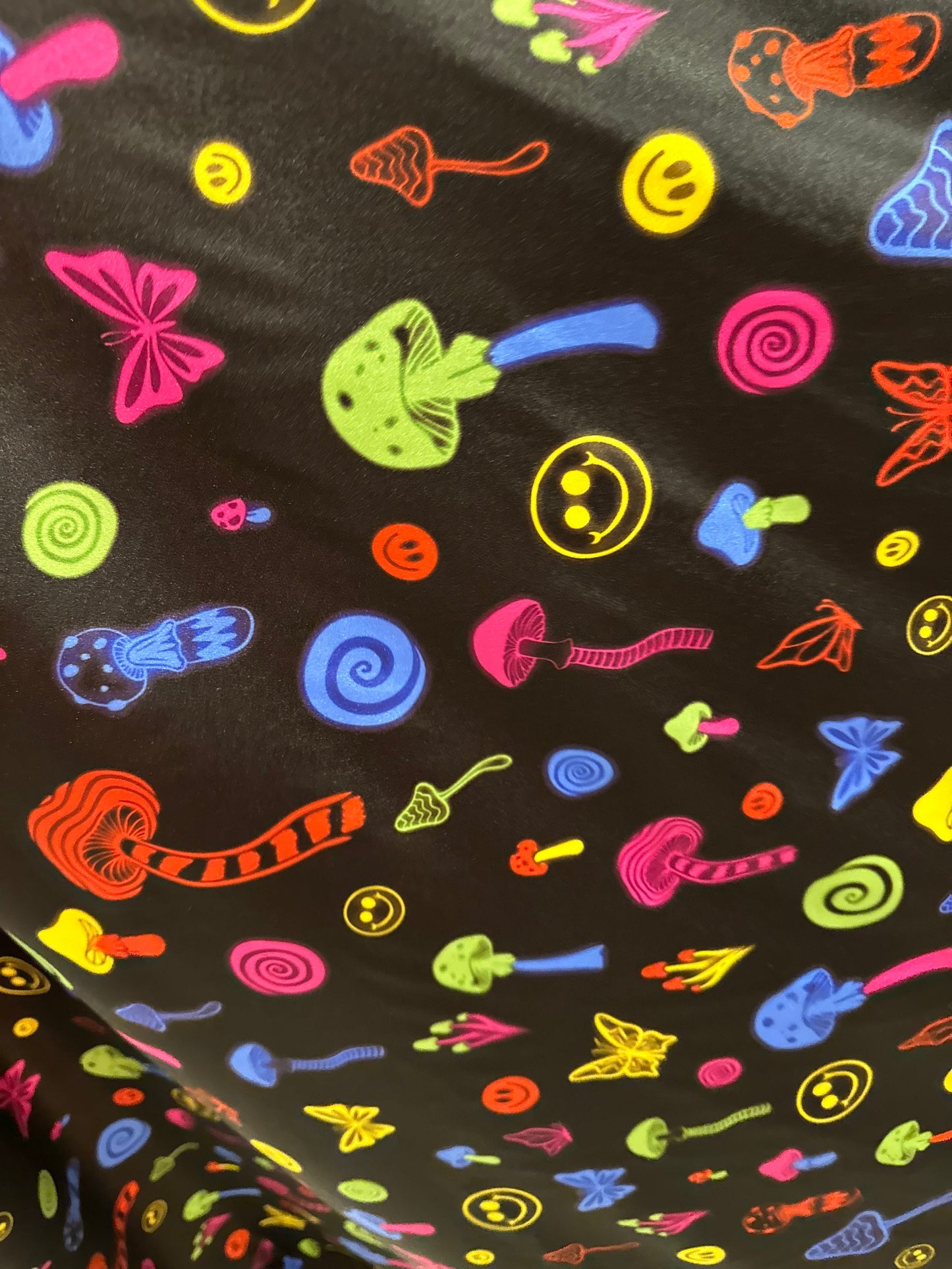 Fantastic mushrooms design black/multicolor print on great quality of nylon spandex 4-way stretch 58/60”