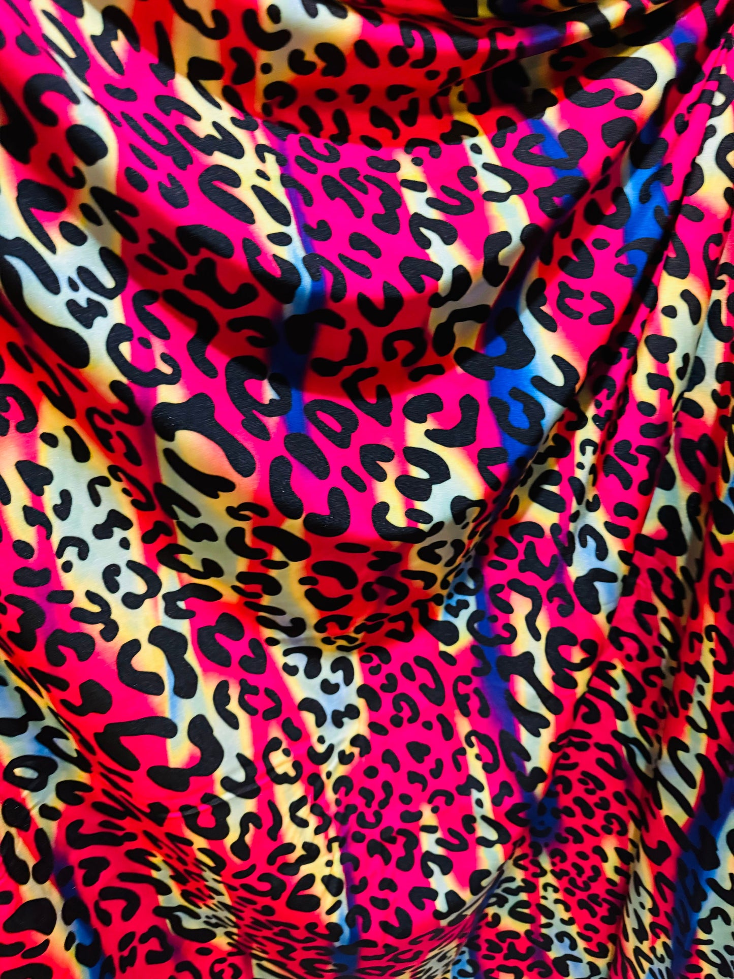 New Groovy Exotic Leopard design rainbow color print on best quality of nylon spandex 4-way stretch 58/60”