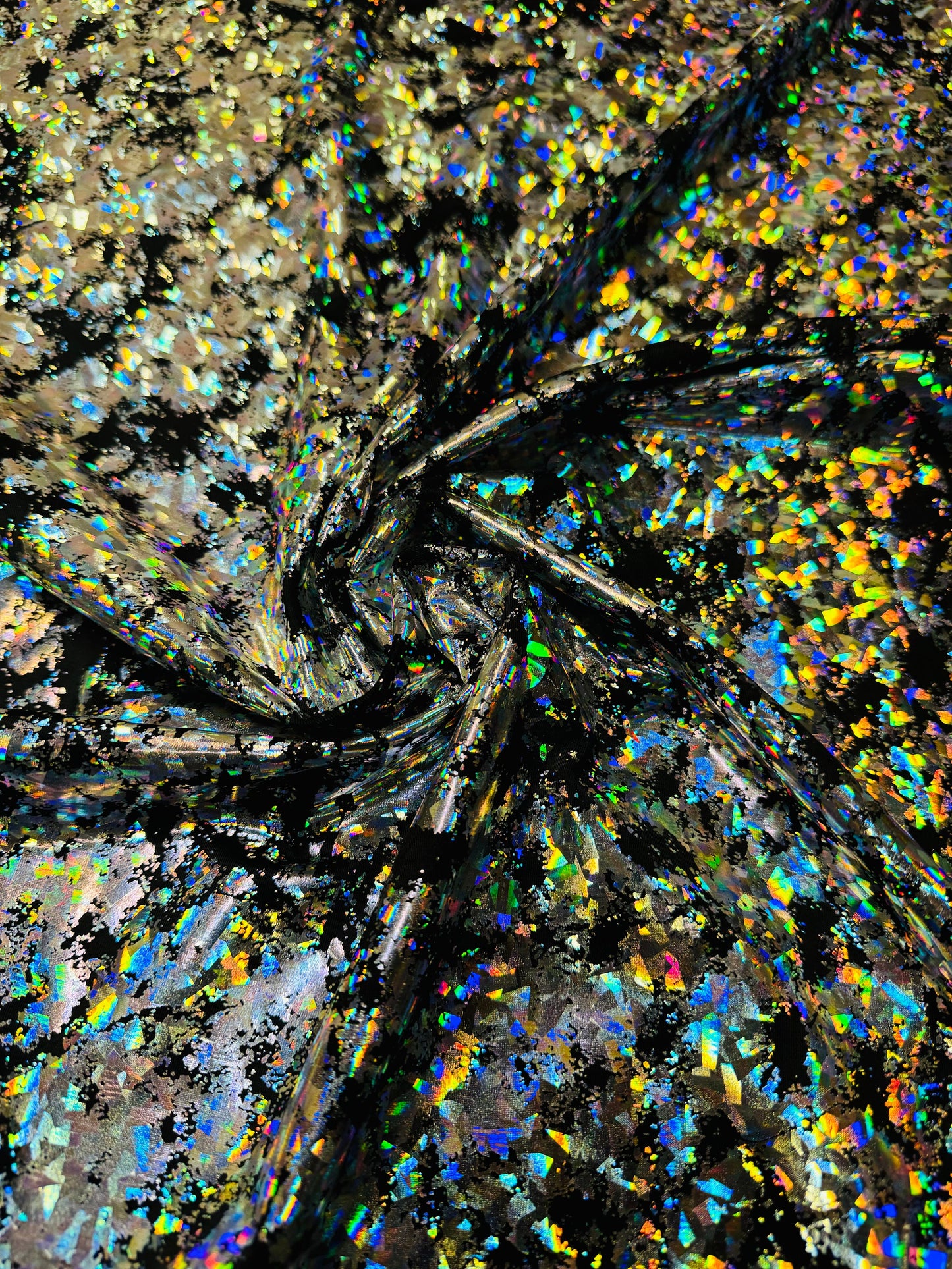 New splattered shattered glass design black/silver metallic nylon spandex 4-way stretch 58/60”