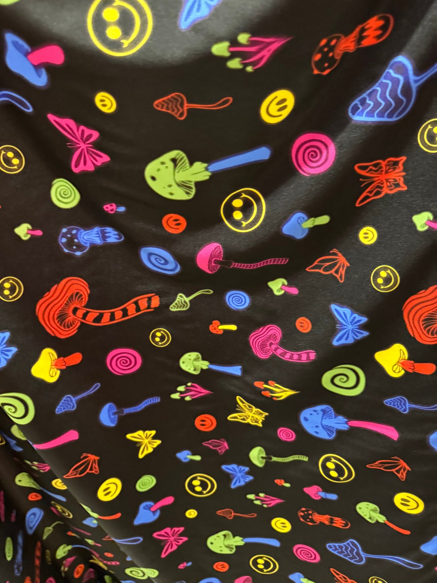 Fantastic mushrooms design black/multicolor print on great quality of nylon spandex 4-way stretch 58/60”