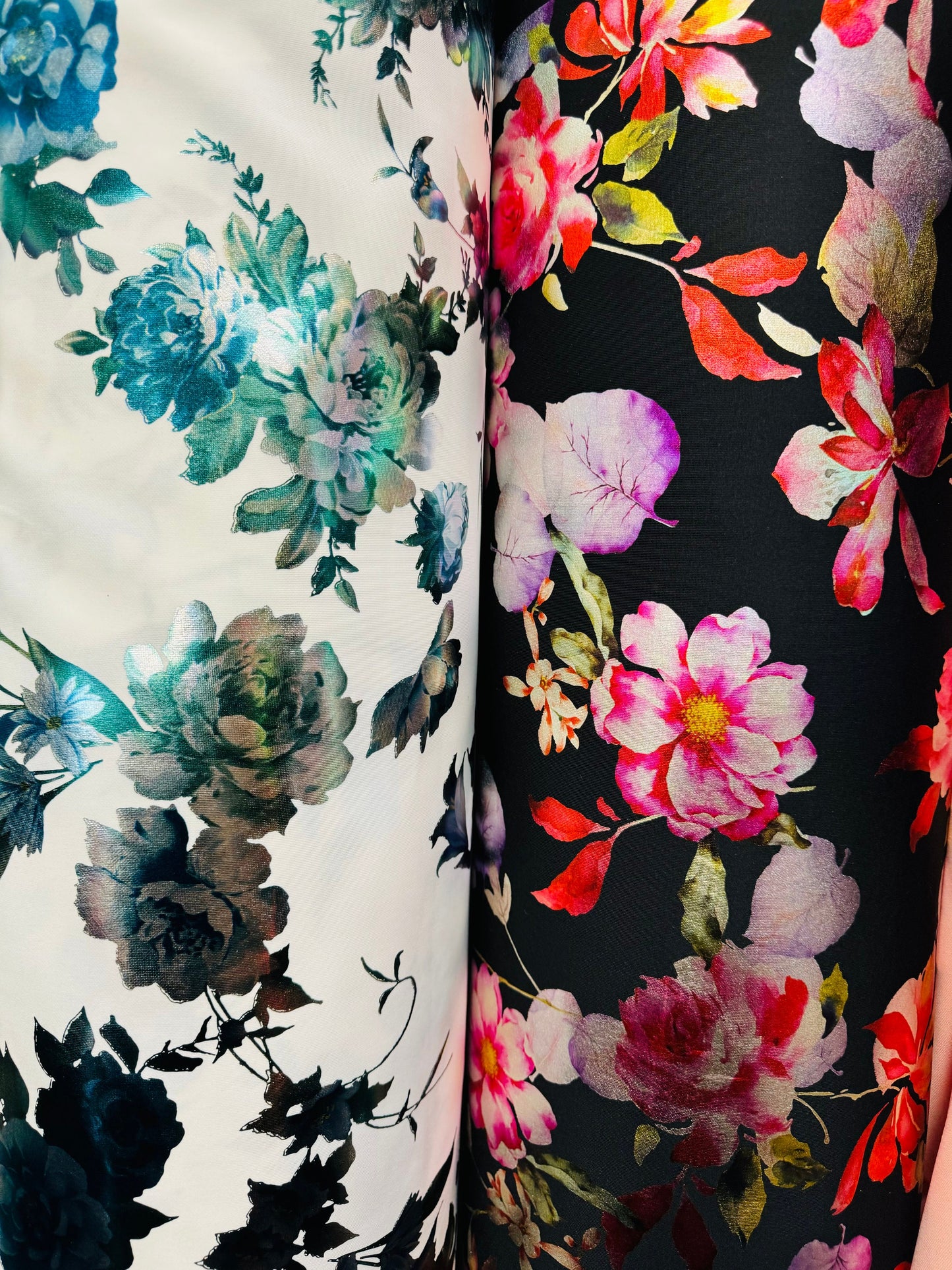 New Romantic flower design print on super techno with foil 2-way stretch 58/60” High Quality fabrics by AlexLAFabrics