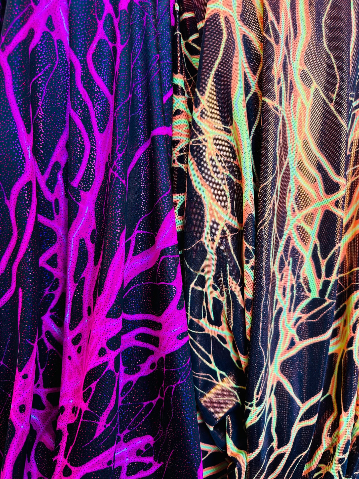 Luxury Thunder Lightning design print on great quality of nylon spandex with foil 4-way spandex 4-way stretch 58/60” Sold by the YD.