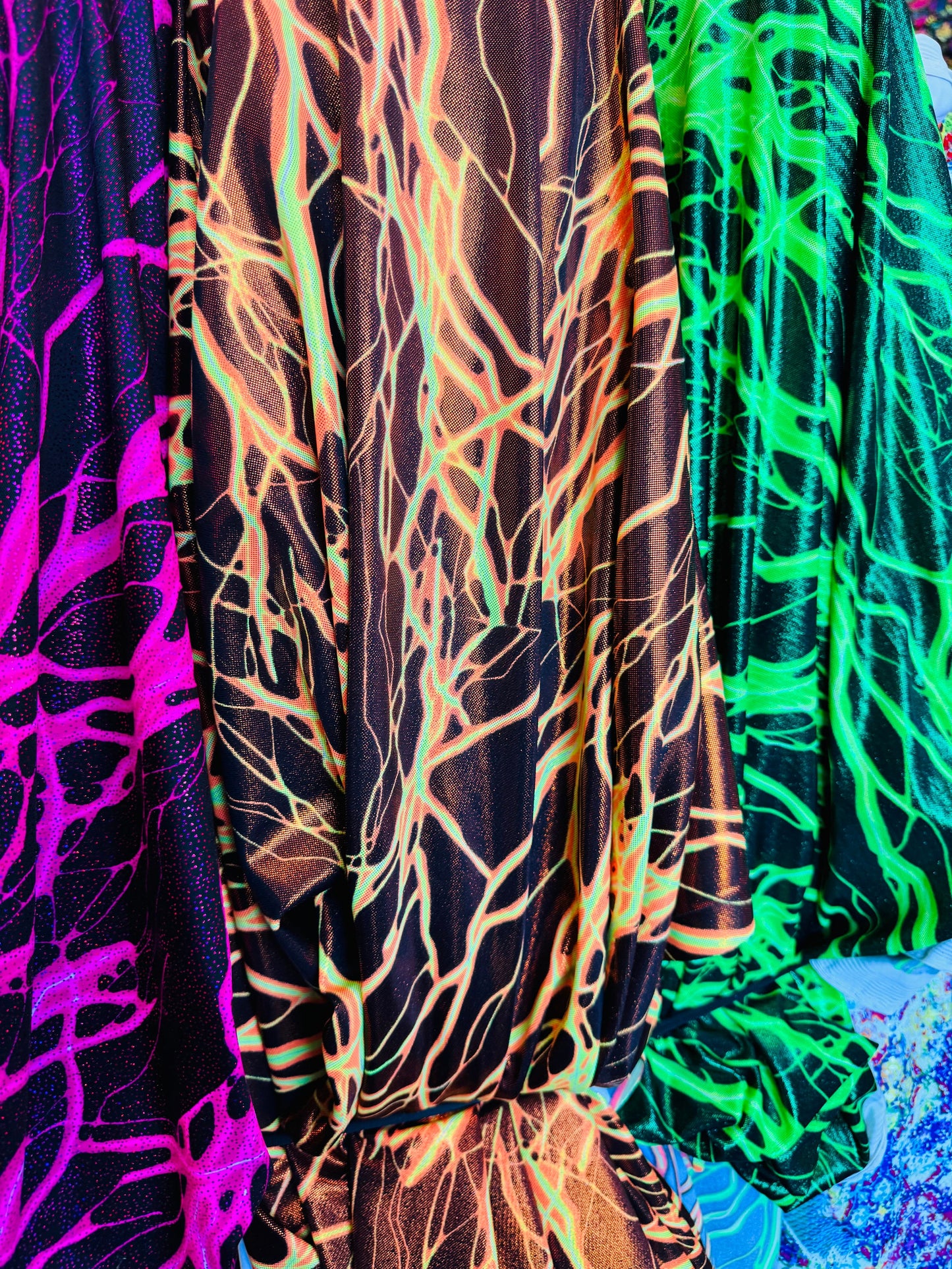 Luxury Thunder Lightning design print on great quality of nylon spandex with foil 4-way spandex 4-way stretch 58/60” Sold by the YD.