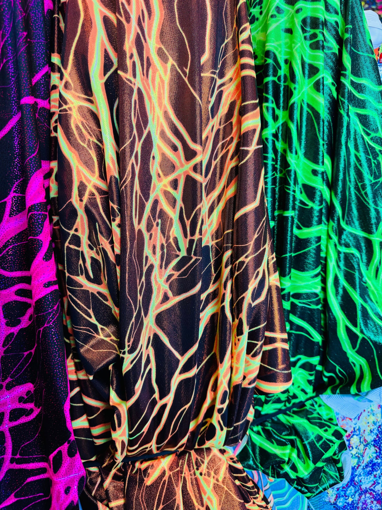 Luxury Thunder Lightning design print on great quality of nylon spandex with foil 4-way spandex 4-way stretch 58/60” Sold by the YD.