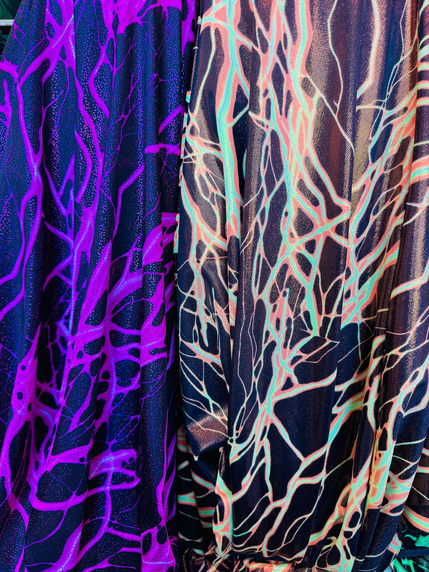 Luxury Thunder Lightning design print on great quality of nylon spandex with foil 4-way spandex 4-way stretch 58/60” Sold by the YD.