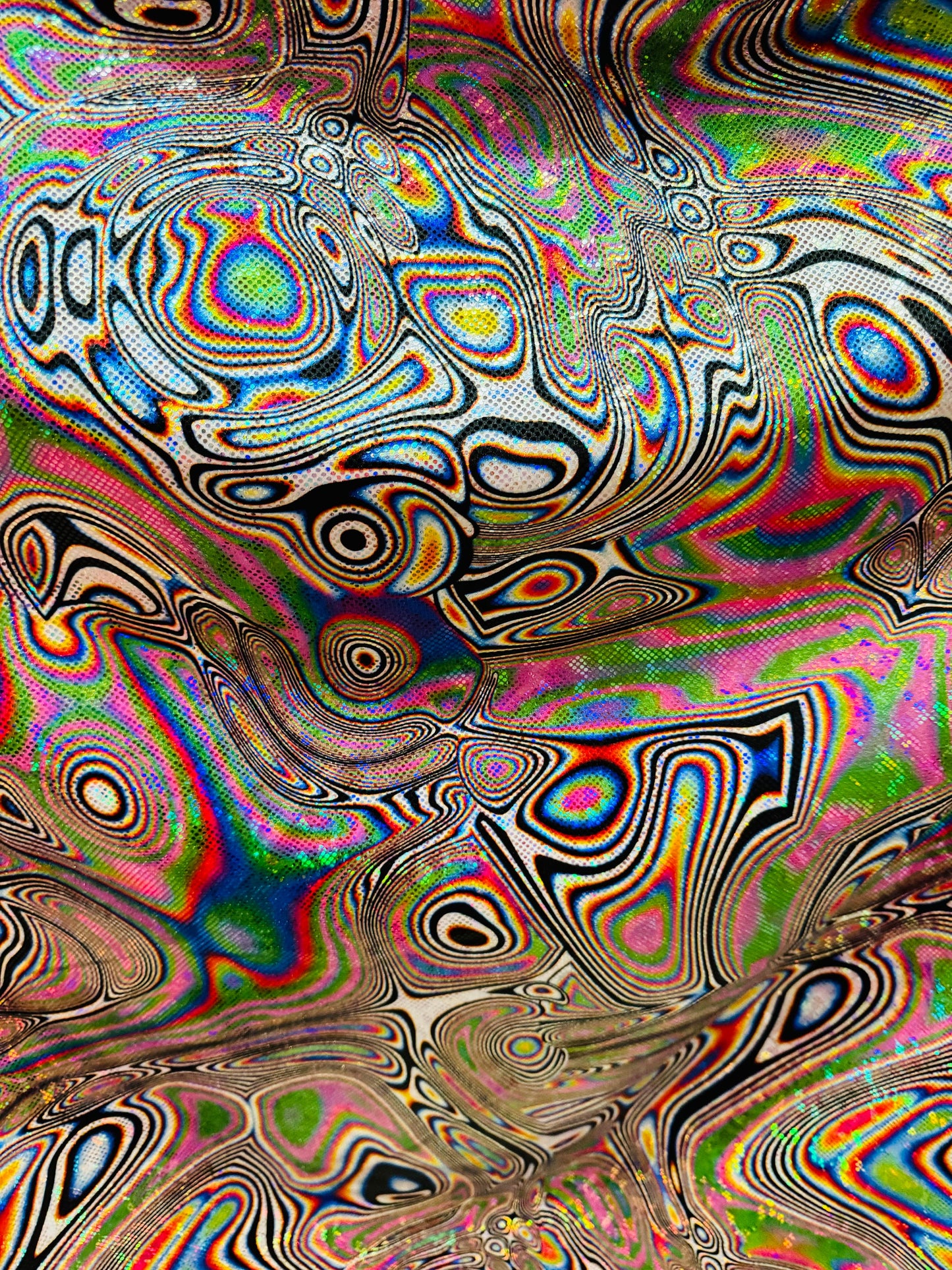 Modern Lava abstract design on shattered glass hologram metallic nylon spandex 4-way stretch 58-60”