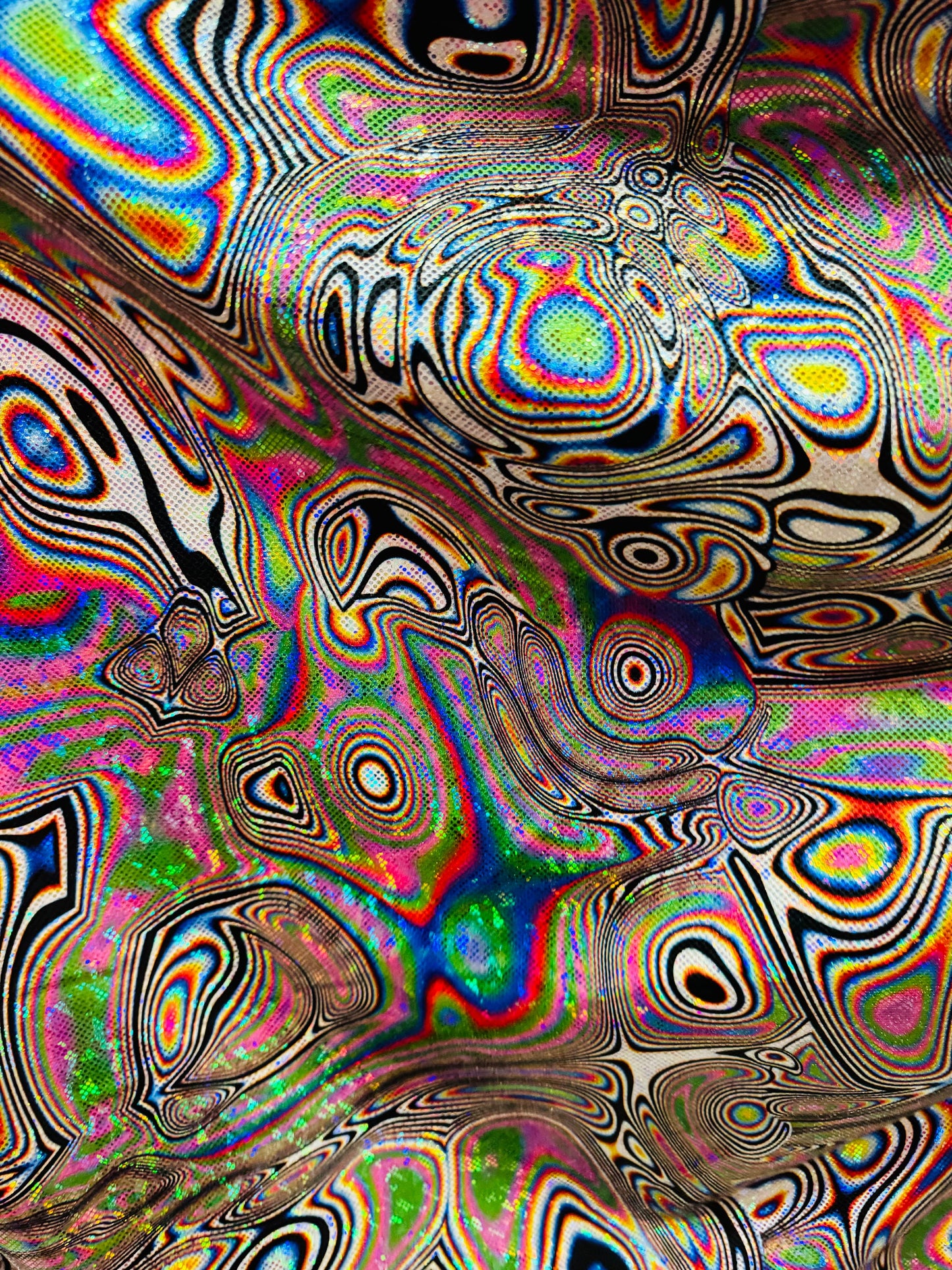 Modern Lava abstract design on shattered glass hologram metallic nylon spandex 4-way stretch 58-60”
