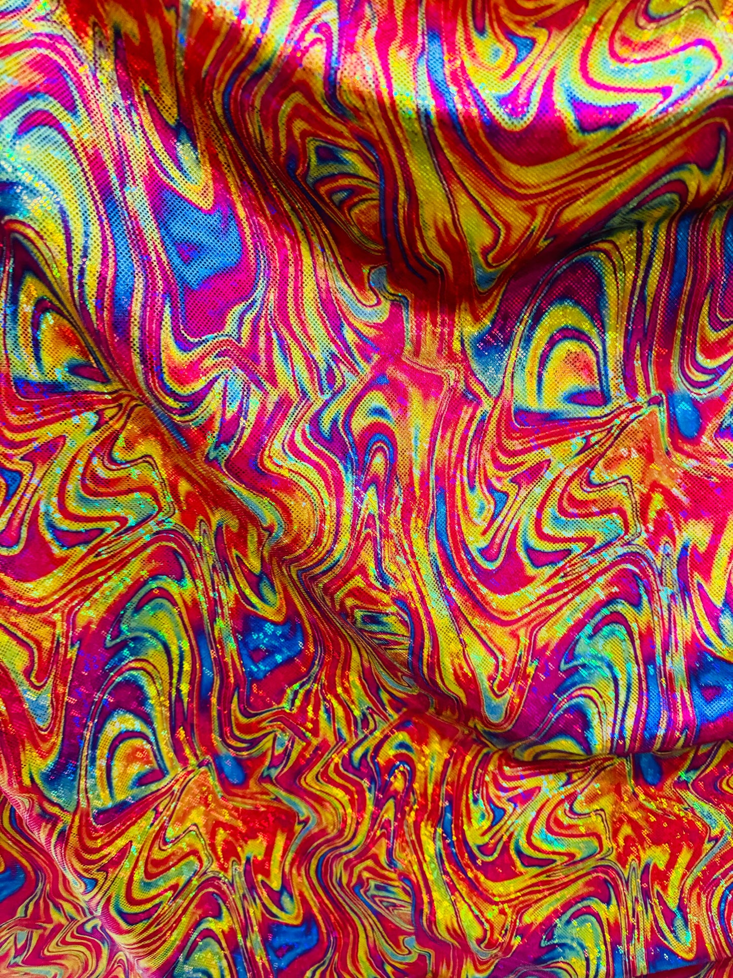 New Luxury lava abstract design on shattered glass hologram metallic nylon spandex 4-way stretch 58-60”