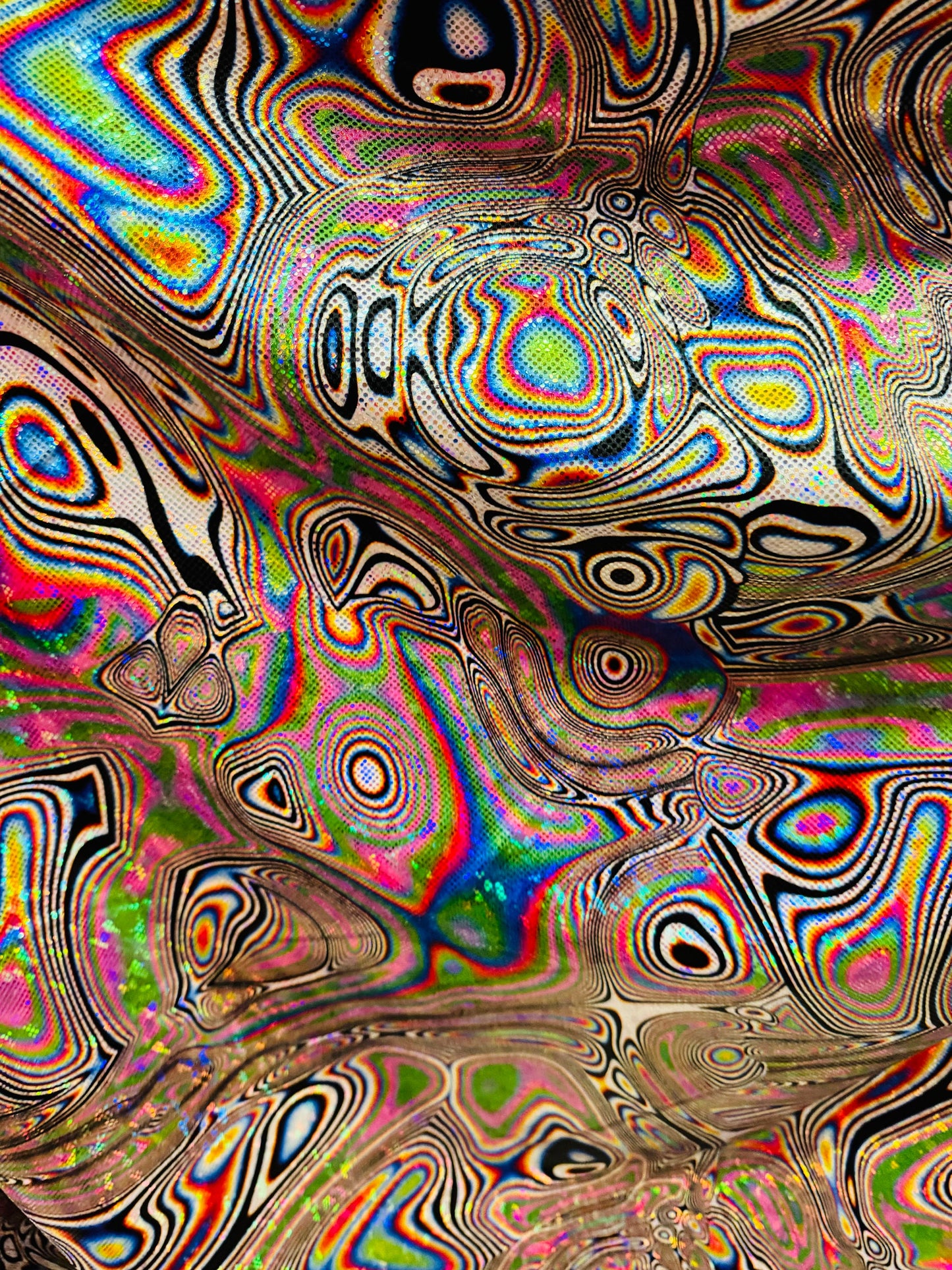 Modern Lava abstract design on shattered glass hologram metallic nylon spandex 4-way stretch 58-60”