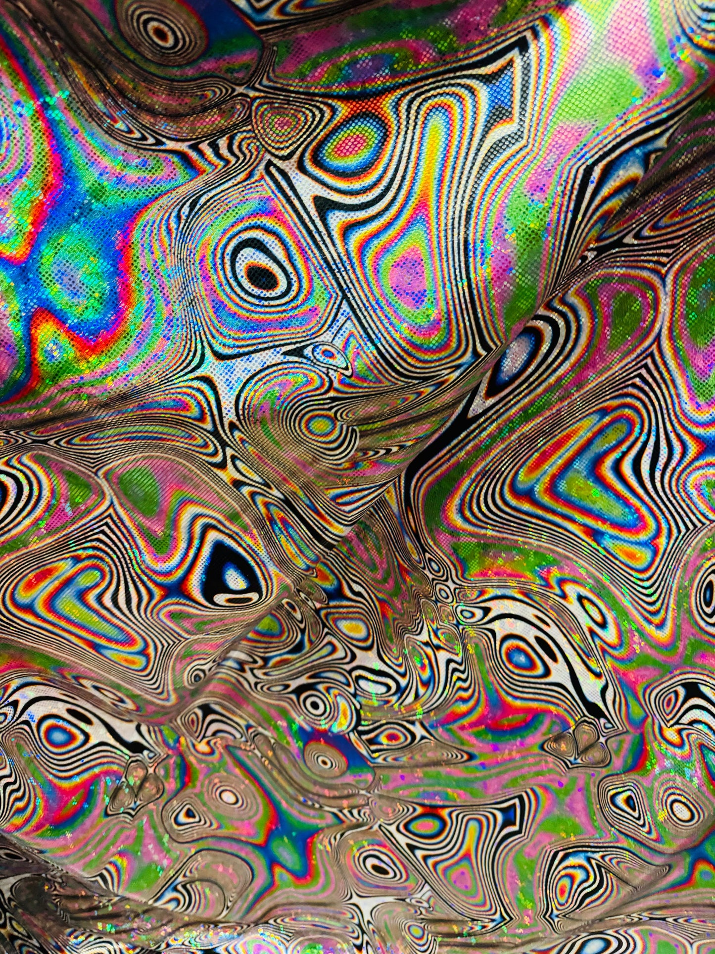 Modern Lava abstract design on shattered glass hologram metallic nylon spandex 4-way stretch 58-60”