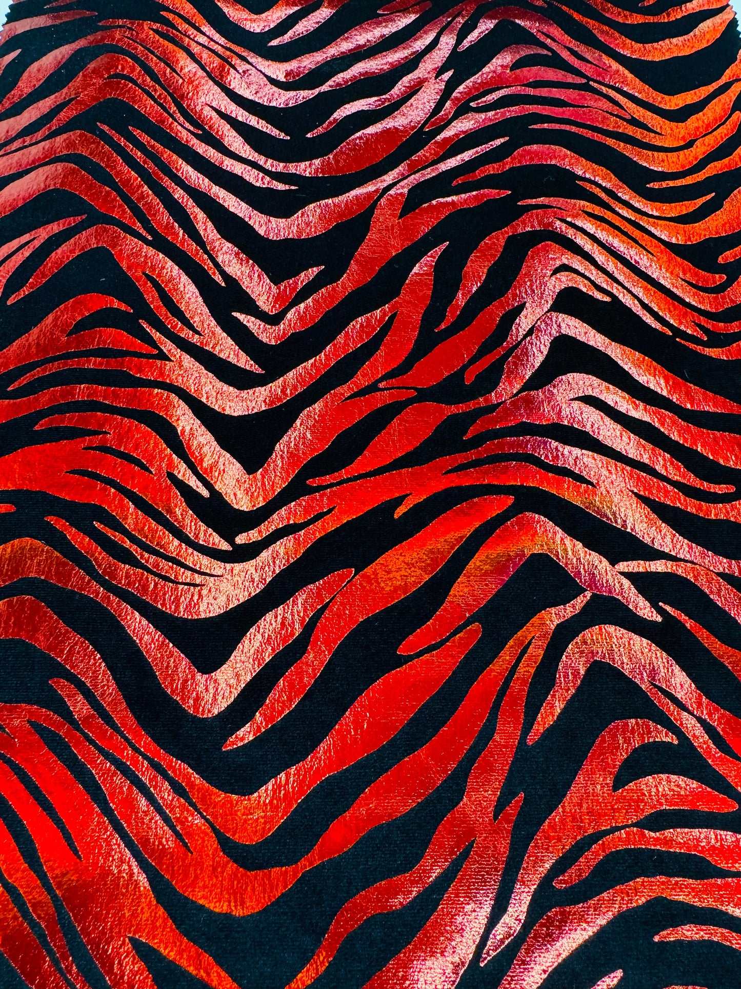 New Exotic zebra design on stretch velvet with Iridescent foil 4-way stretch 58/60”