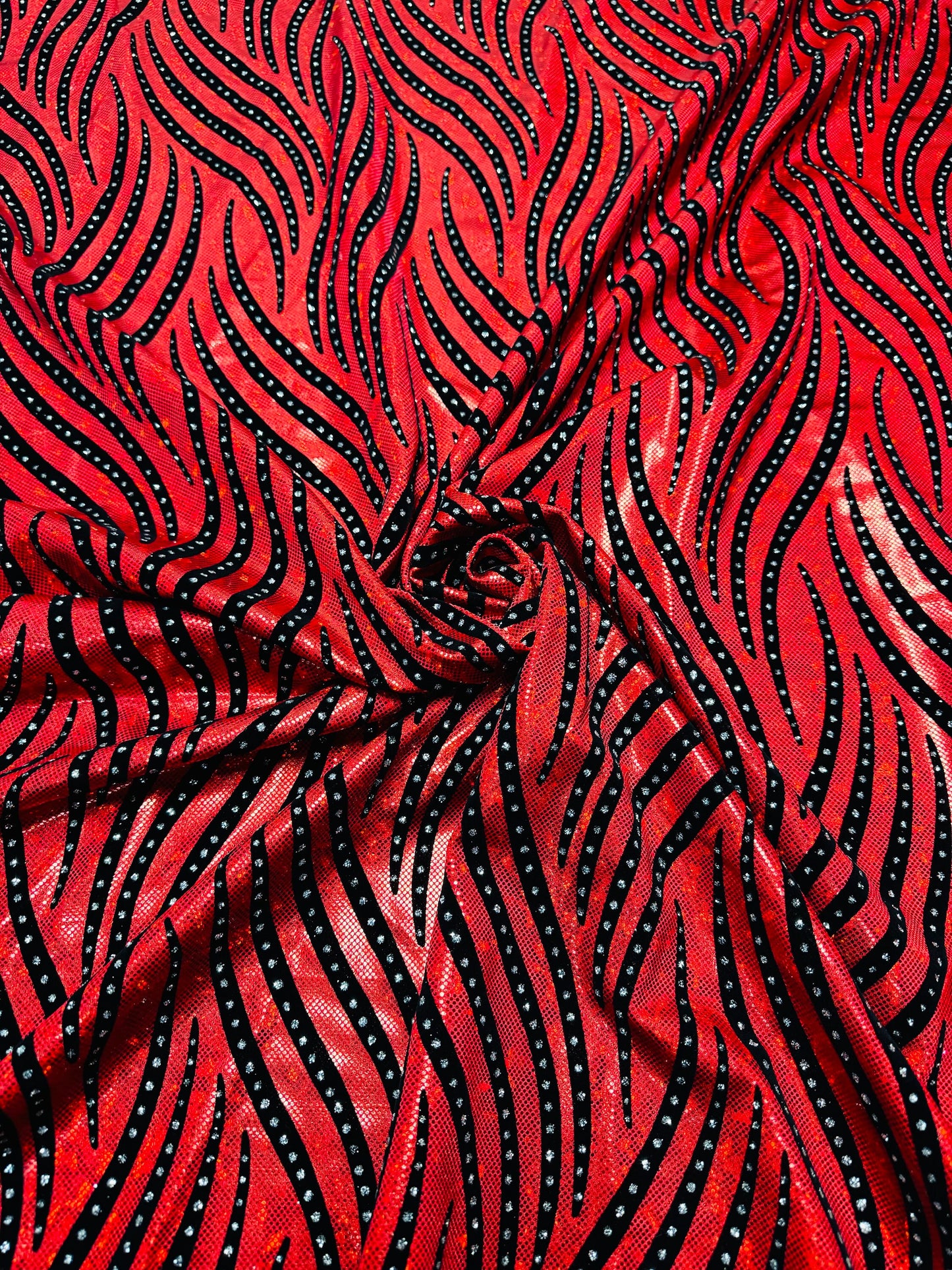 NEW Flame design flocking on broken glasss metallic 4way strech nylon spandex sold by the yd. Ships from Los Angeles California USA