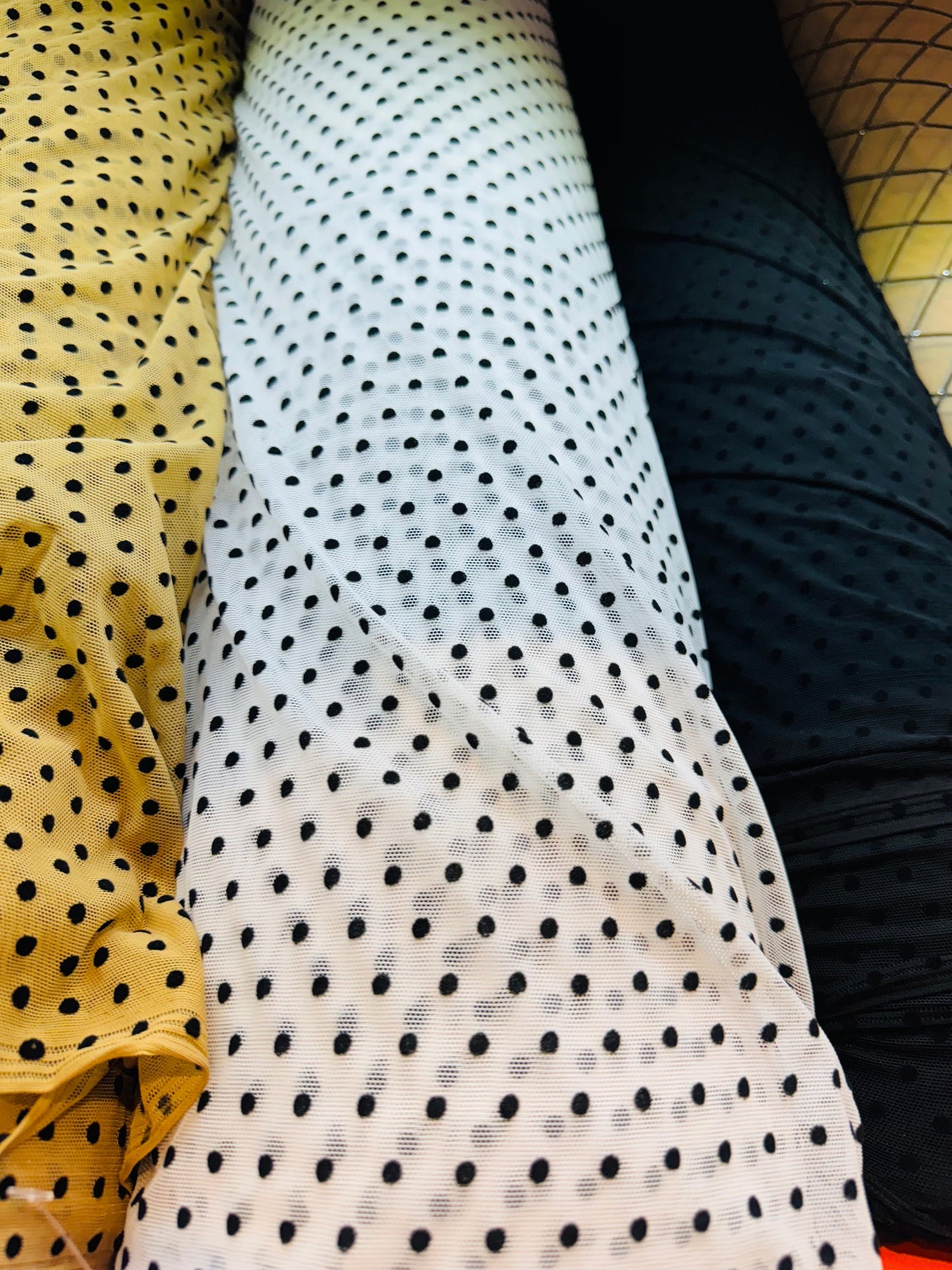 Deluxe polka dots design on stretch power mesh 4-way 58/60”