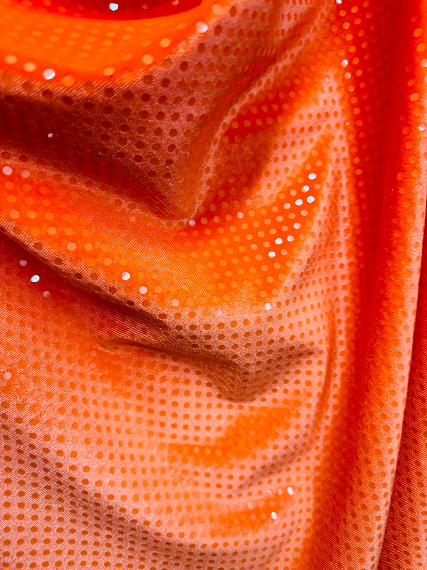 Neón Orange stretch velvet with sequins 4-way spandex 58/60” High quality fabrics by AlexLAFabrics