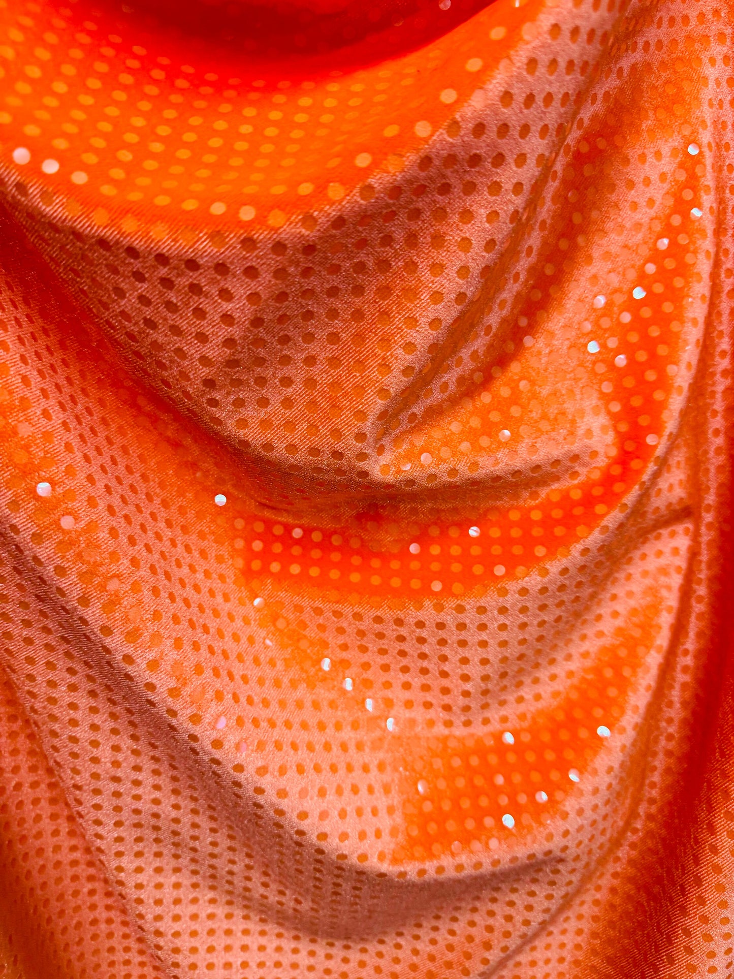 Neón Orange stretch velvet with sequins 4-way spandex 58/60” High quality fabrics by AlexLAFabrics
