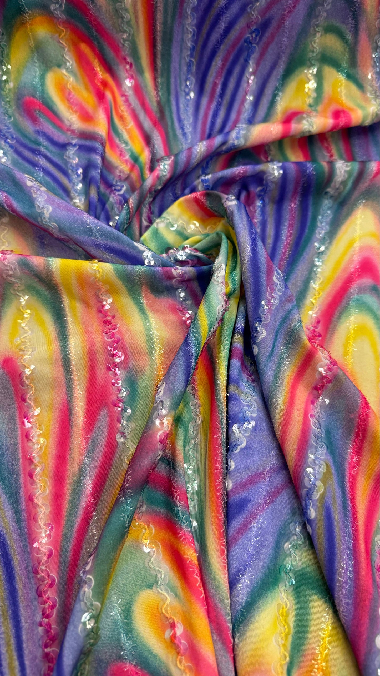 New tie dye spandex with clear sequins embroidered 4-way stretch 45/47”