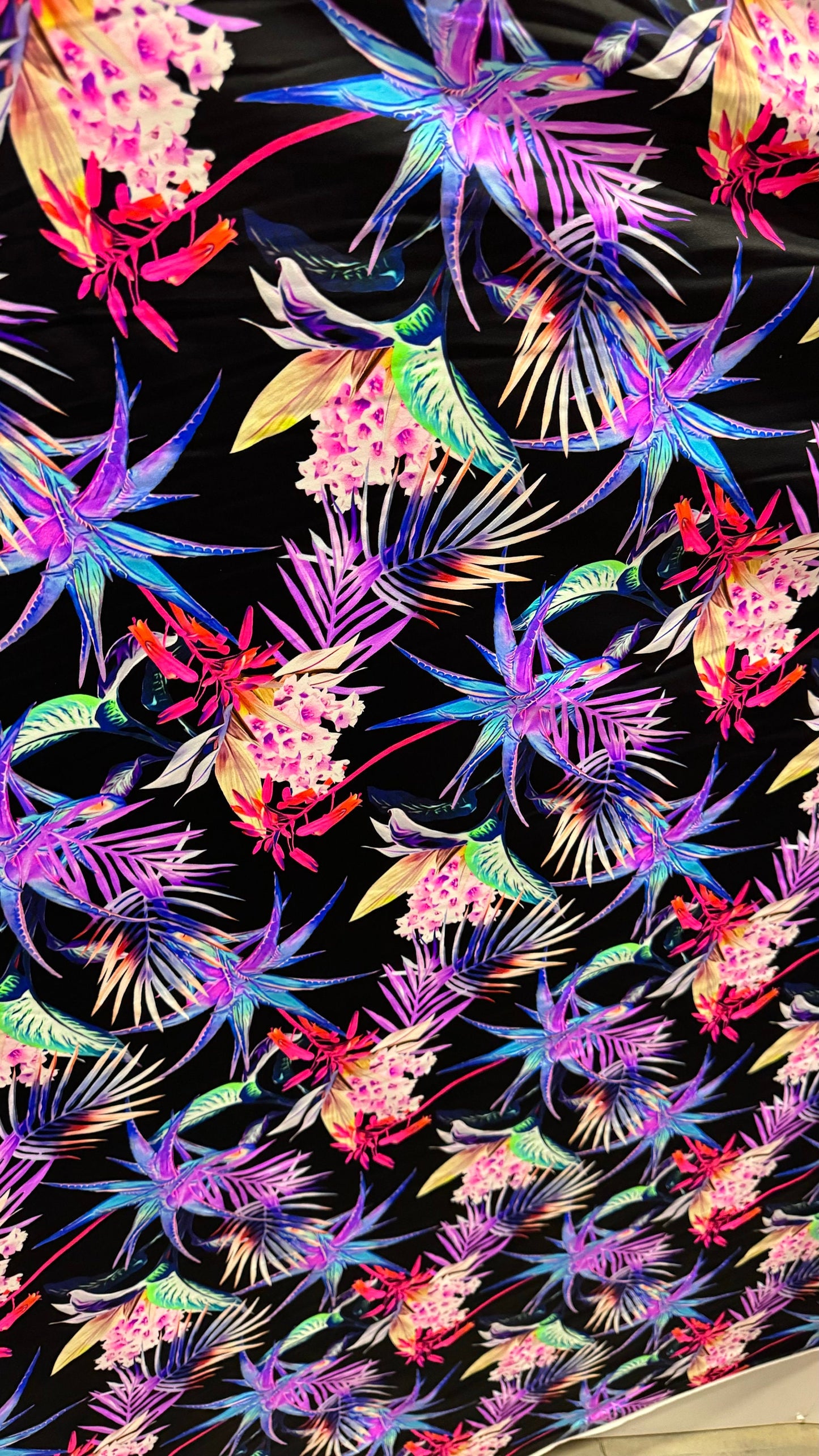 New Tropical design Black/Multicolor print on best quality of nylon spandex 4-way stretch 58/60” High Quality fabrics by AlexLAFabrics
