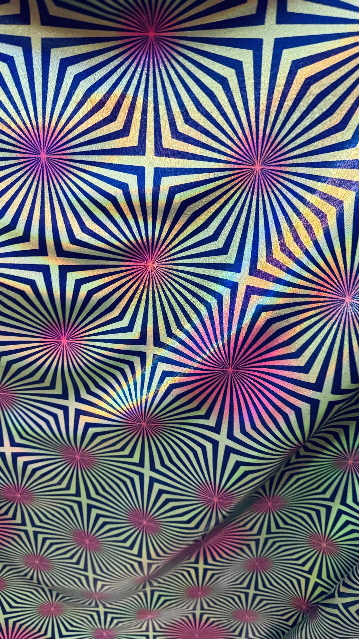 New psychedelic abstract design on metallic iridescent foggy foil metallic nylon spandex 4-way stretch 58/60” High quality fabrics by AlexLA