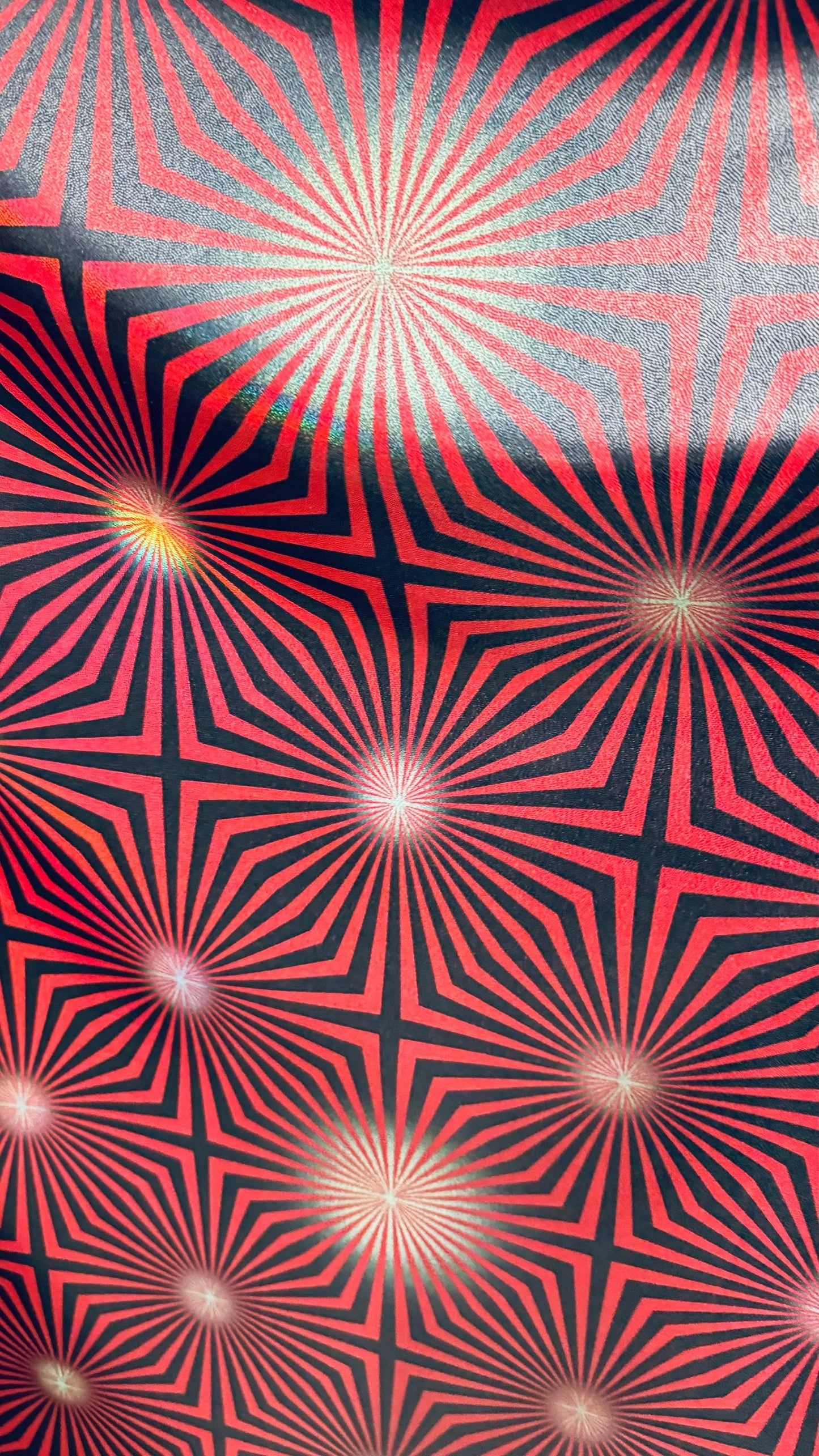 New psychedelic abstract design on metallic iridescent foggy foil metallic nylon spandex 4-way stretch 58/60” High quality fabrics by AlexLA
