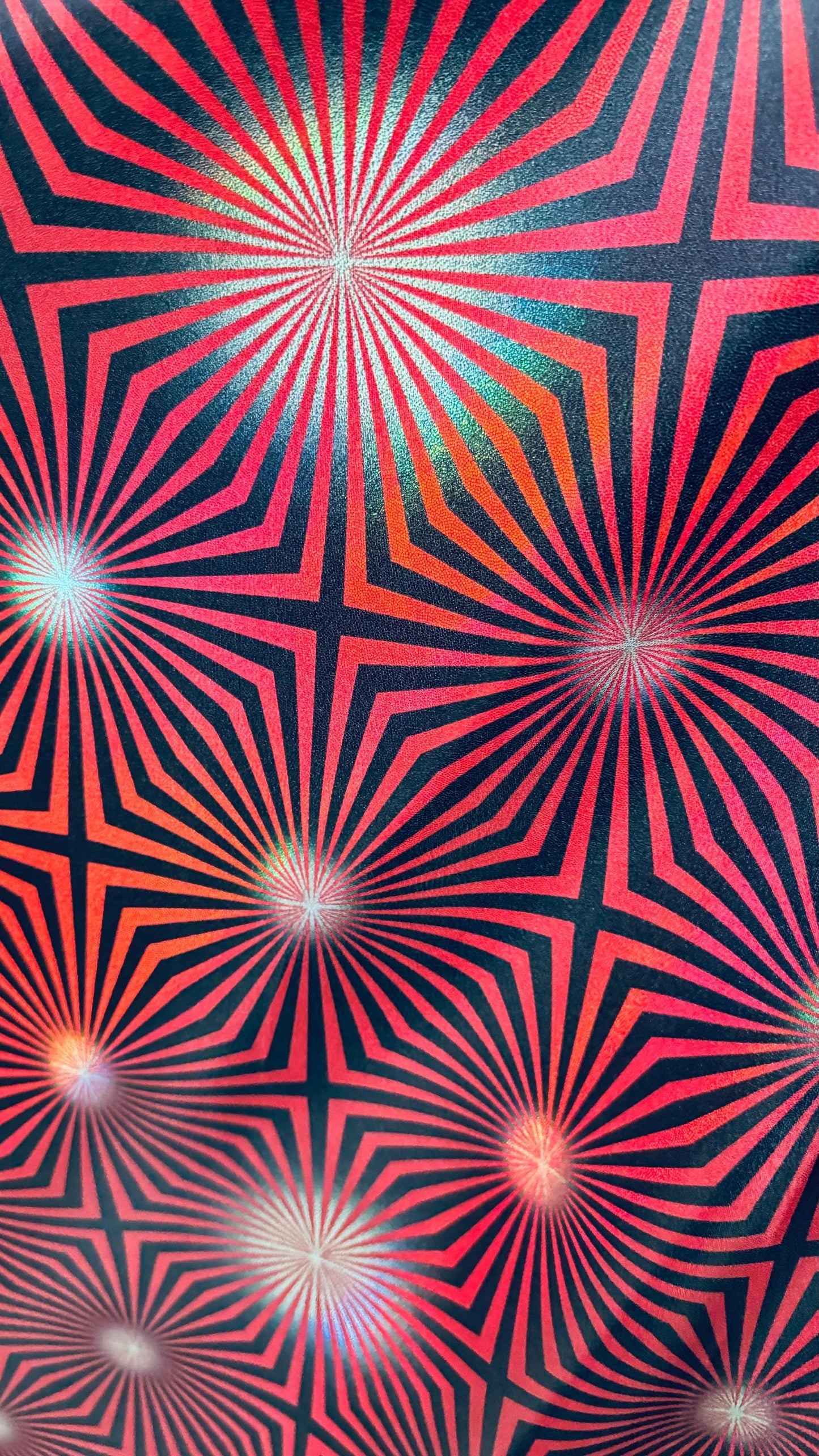New psychedelic abstract design on metallic iridescent foggy foil metallic nylon spandex 4-way stretch 58/60” High quality fabrics by AlexLA