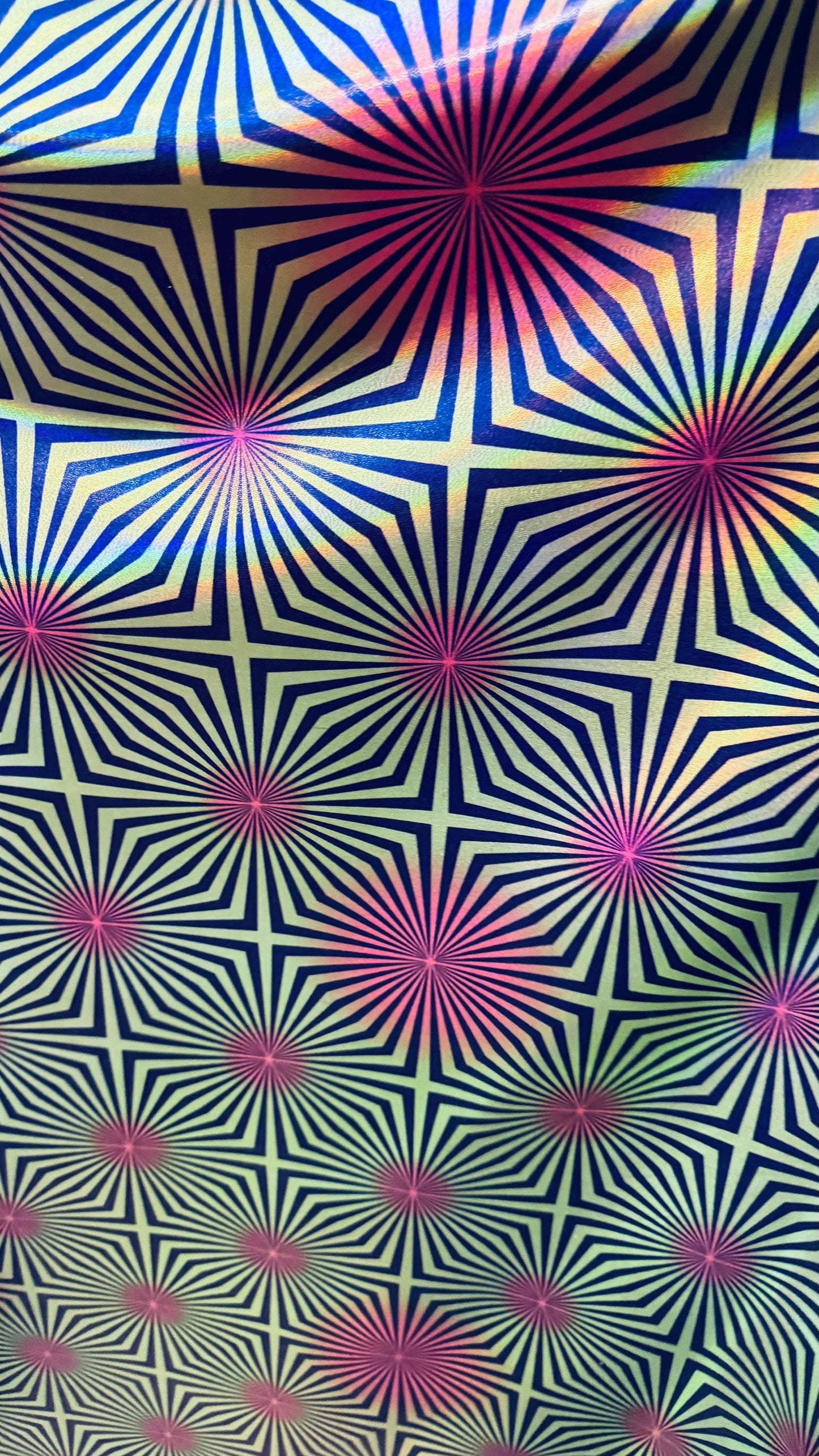 New psychedelic abstract design on metallic iridescent foggy foil metallic nylon spandex 4-way stretch 58/60” High quality fabrics by AlexLA