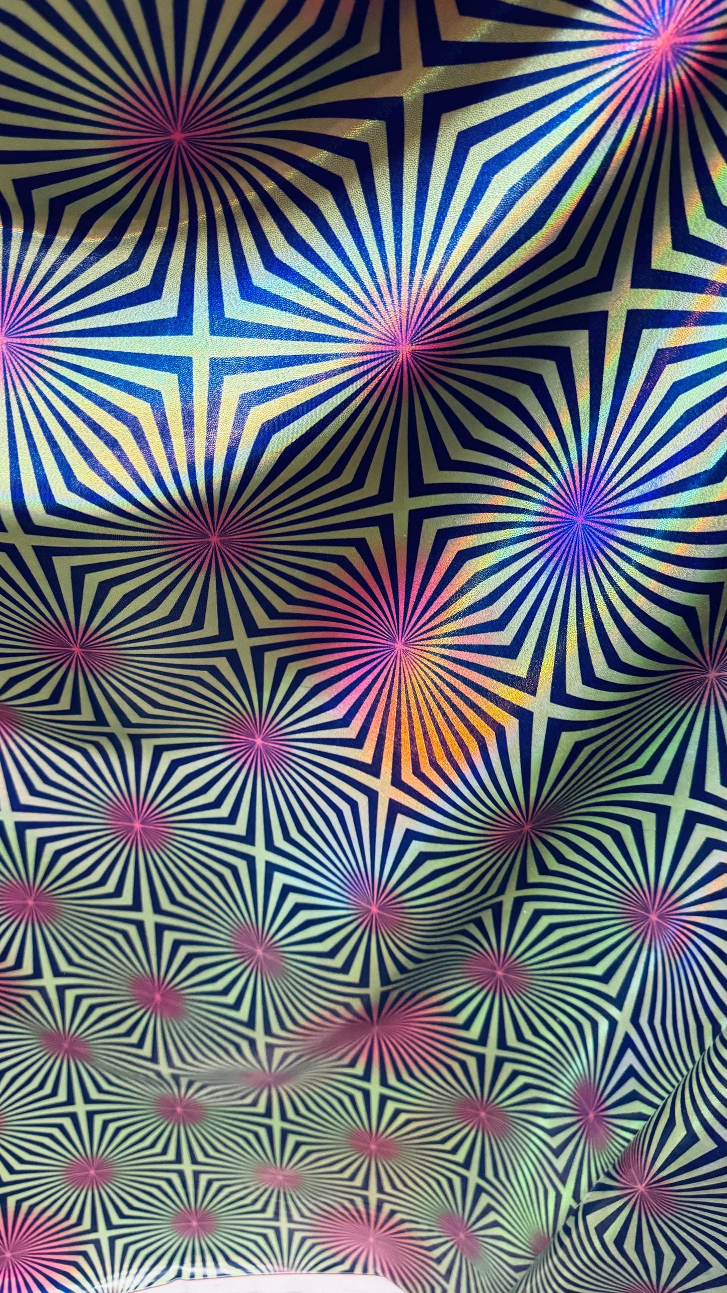 New psychedelic abstract design on metallic iridescent foggy foil metallic nylon spandex 4-way stretch 58/60” High quality fabrics by AlexLA