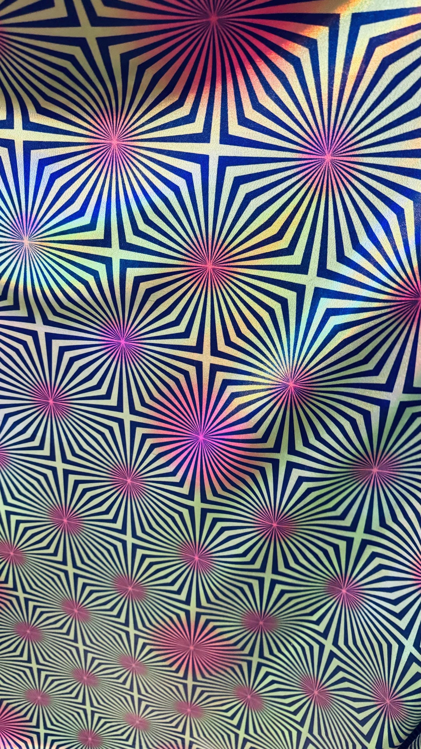 New psychedelic abstract design on metallic iridescent foggy foil metallic nylon spandex 4-way stretch 58/60” High quality fabrics by AlexLA