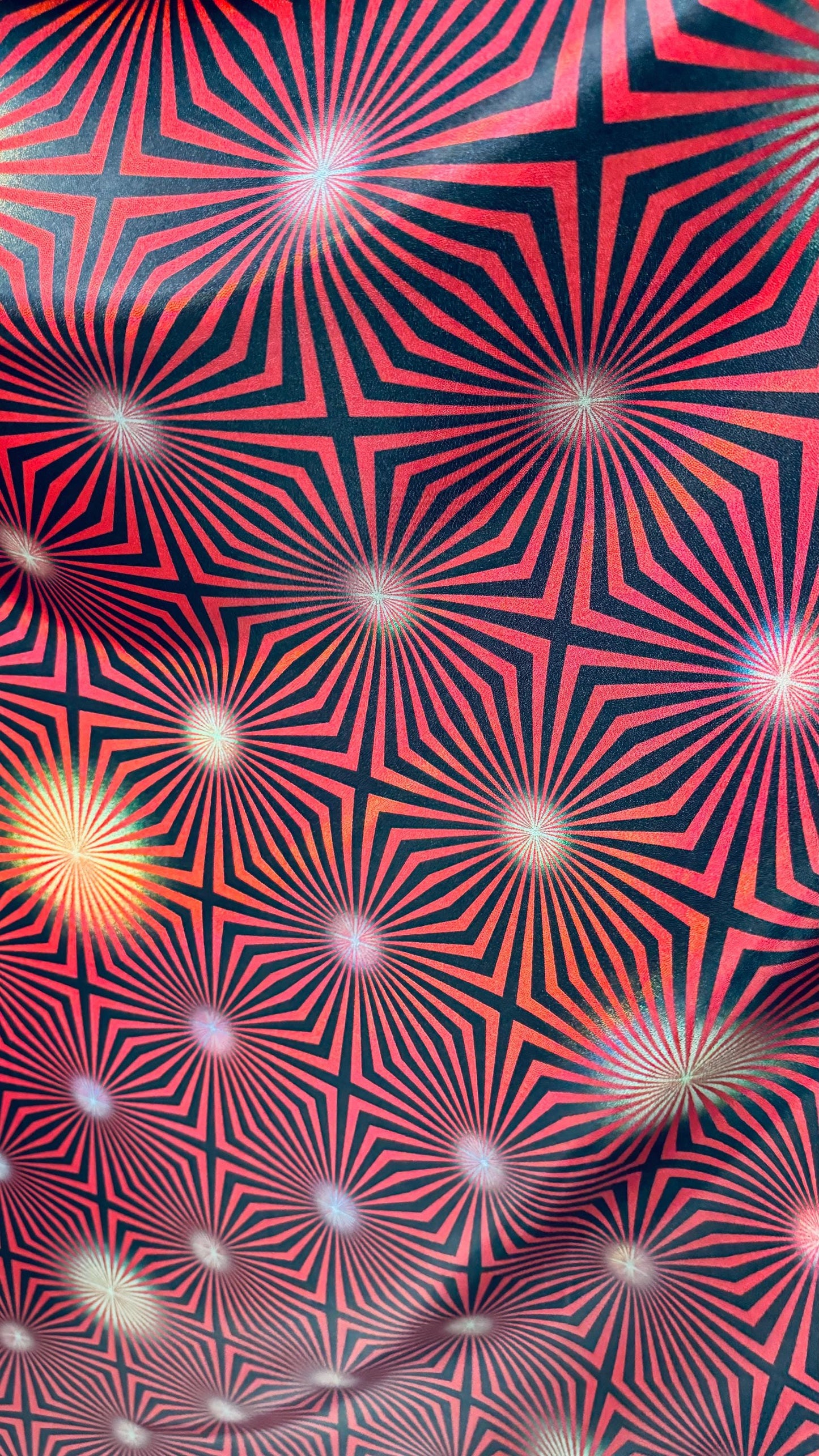 New psychedelic abstract design on metallic iridescent foggy foil metallic nylon spandex 4-way stretch 58/60” High quality fabrics by AlexLA