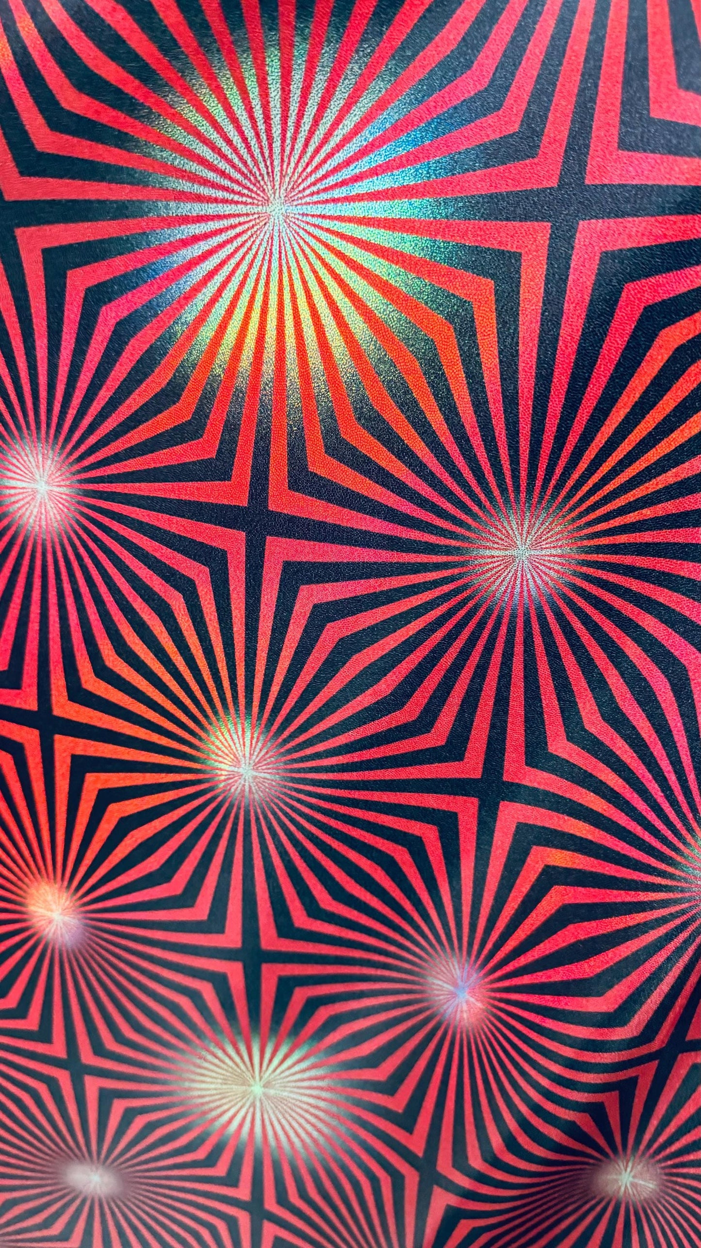 New psychedelic abstract design on metallic iridescent foggy foil metallic nylon spandex 4-way stretch 58/60” High quality fabrics by AlexLA