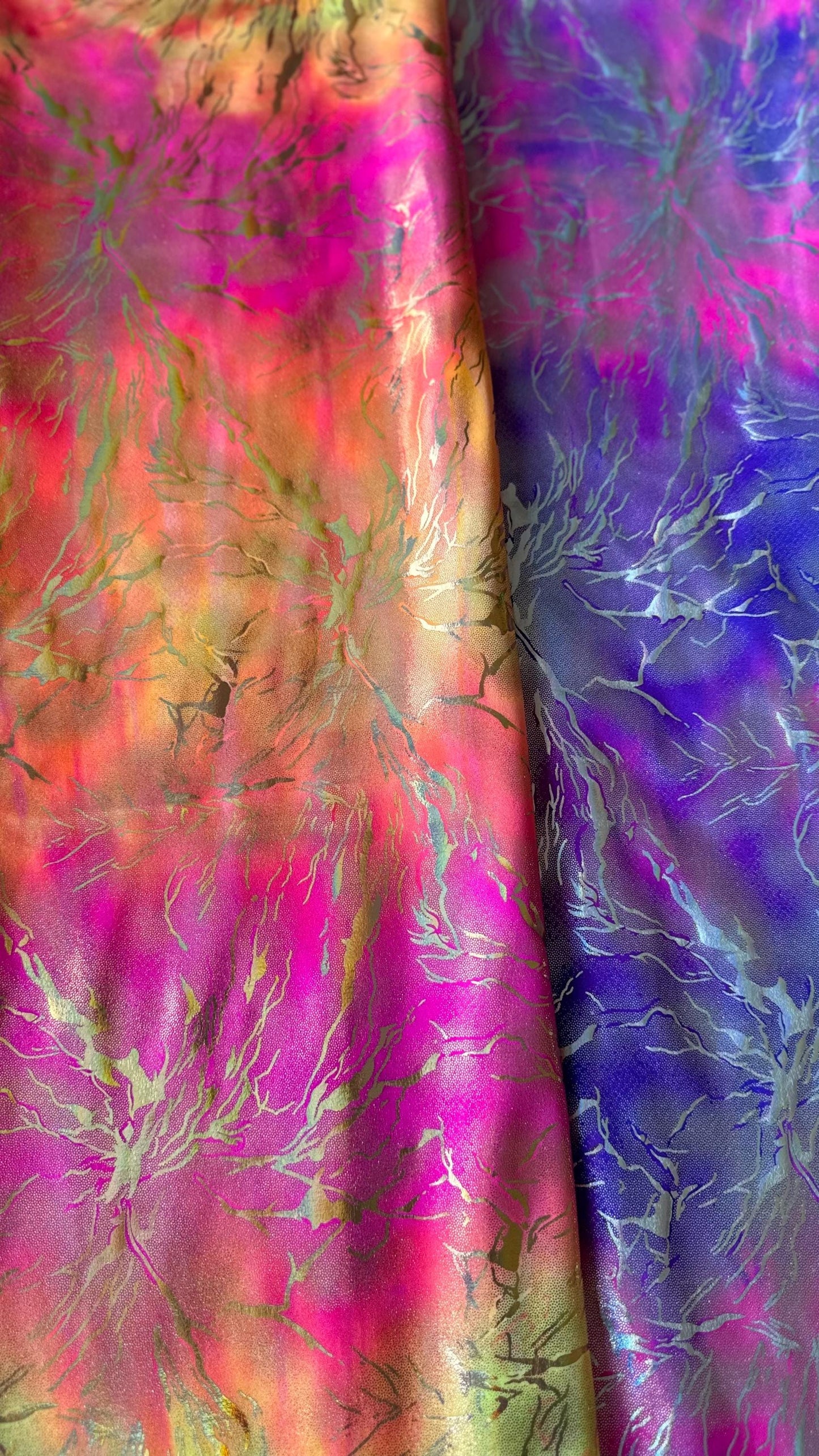 New Luxury Tie Dye Modern Abstract design hologram metallic nylon spandex 4-way stretch 58/60” Sold by the YD. Ships worldwide from LA