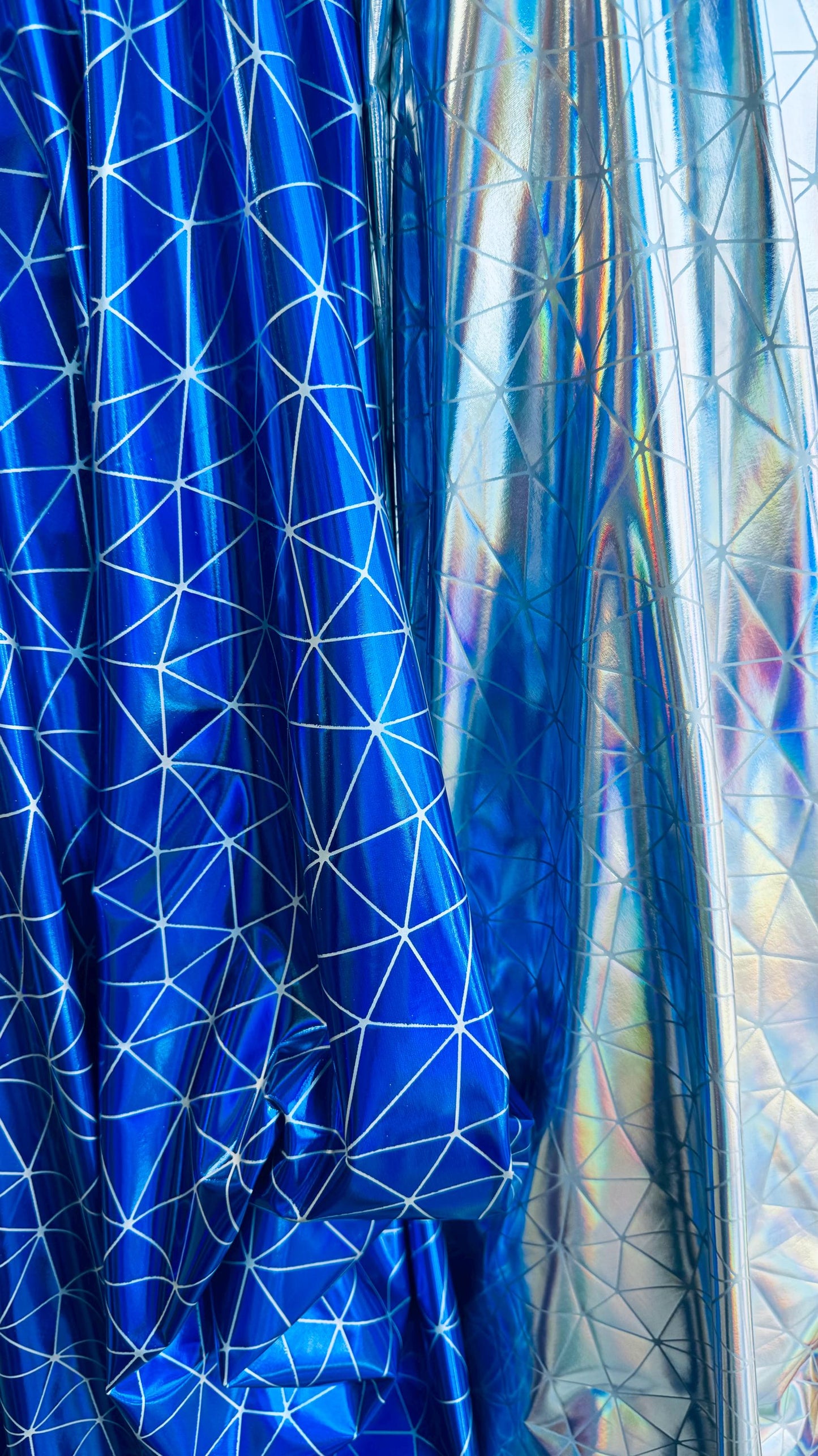 New shattered glass design Iridescent foil metallic nylon spandex 4-way stretch 58/60” Sold by the YD. Ships Worldwide from Los Angeles CA