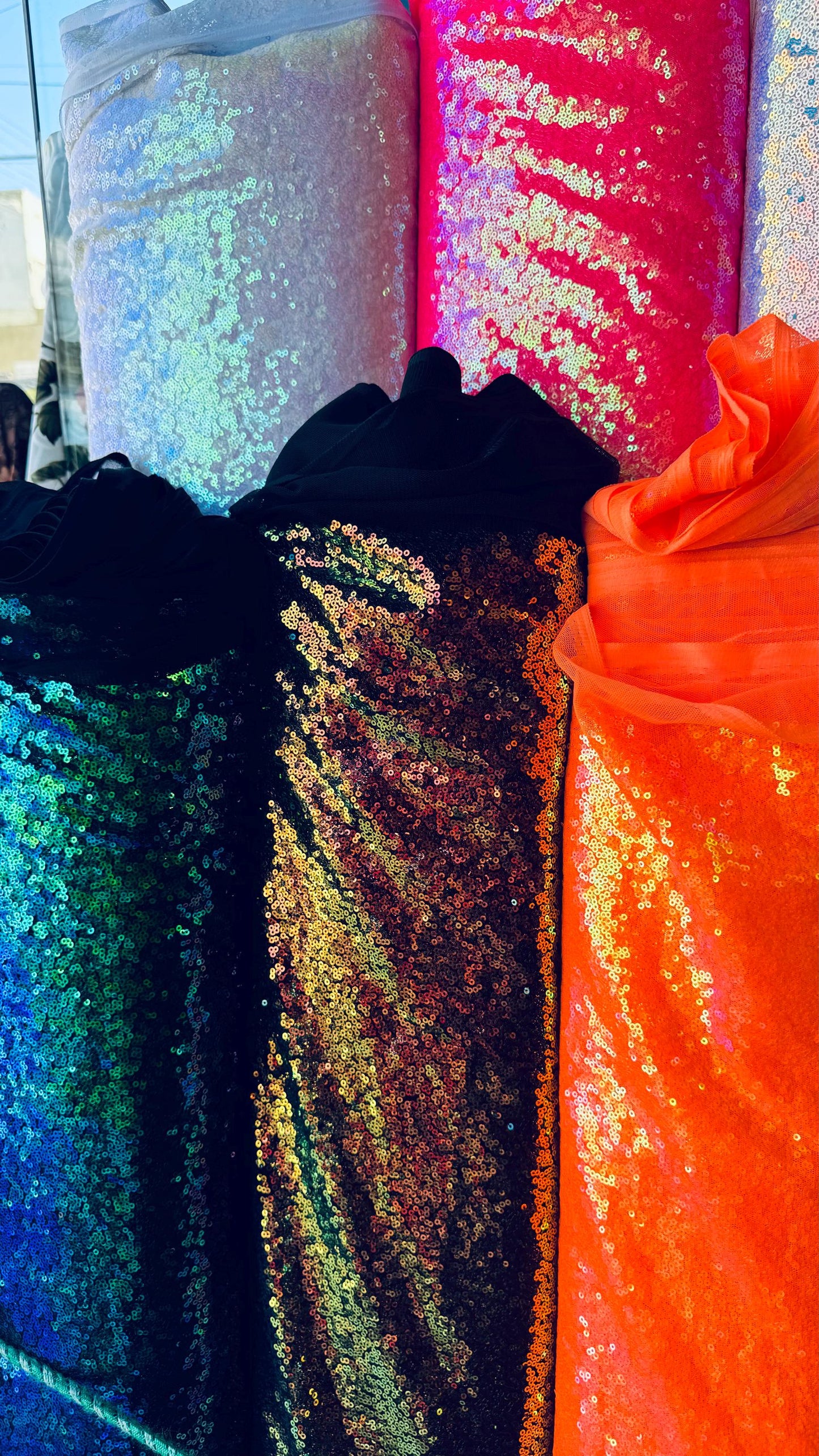 New neon colors iridescent mini sequins design embroidered on spandex mesh 2-way stretch 58/60” Sold by the YD. Ships Worldwide from L.A