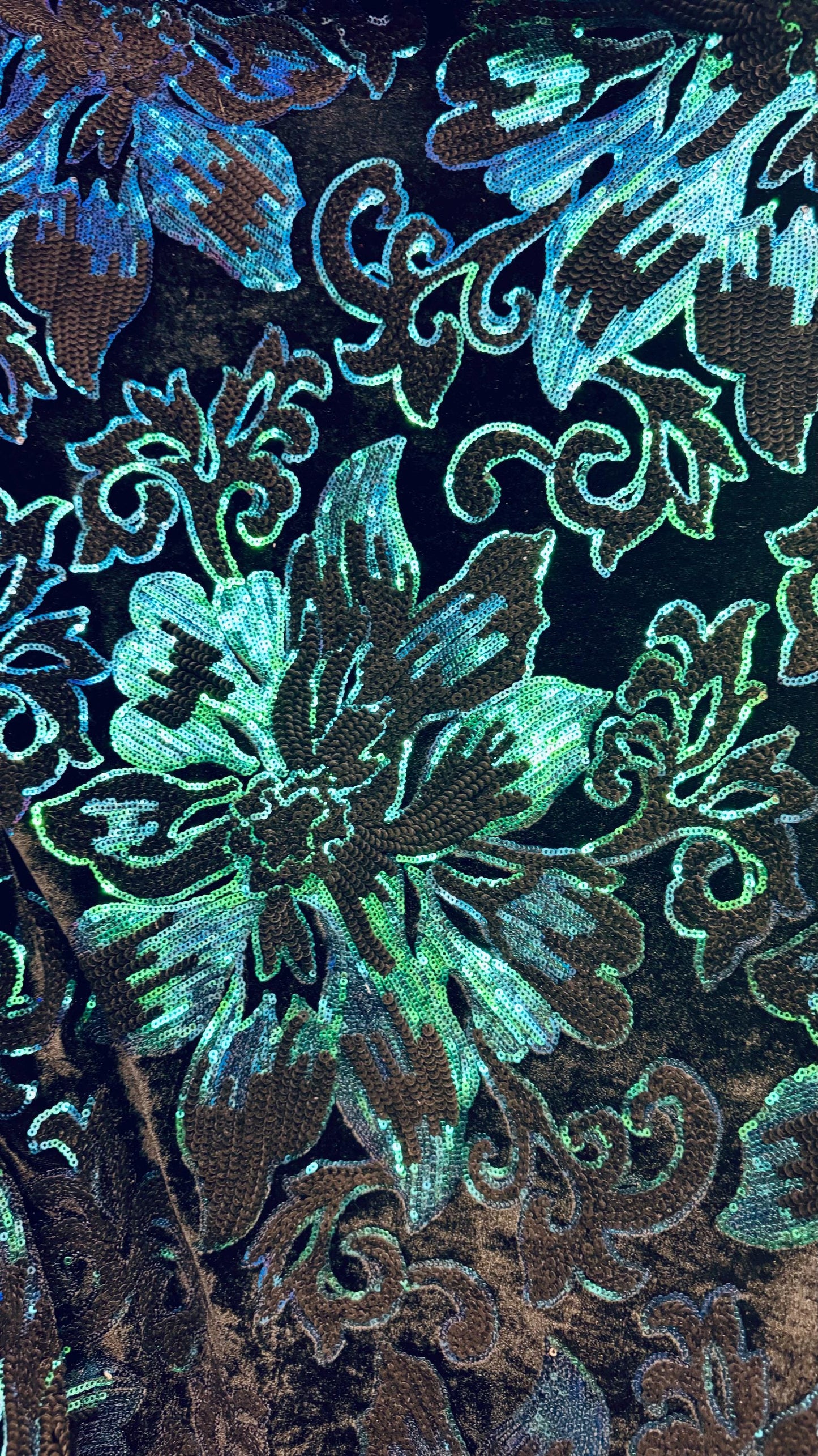 Romantic Flower Iridescent sequins design embroidered on spandex velvet 4-way 58/60” High Quality fabrics by AlexLAFabrics