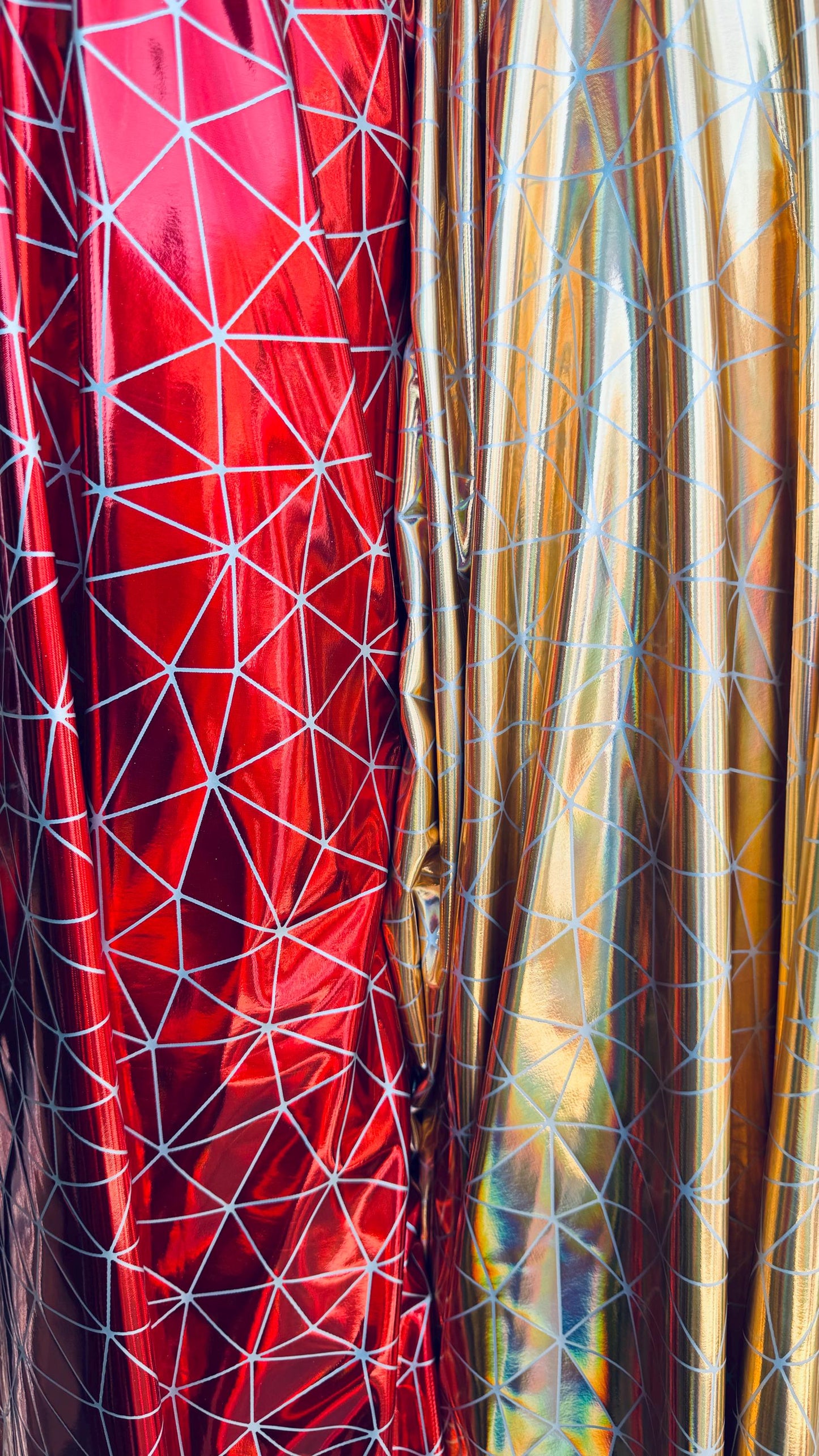 New shattered glass design Iridescent foil metallic nylon spandex 4-way stretch 58/60” Sold by the YD. Ships Worldwide from Los Angeles CA