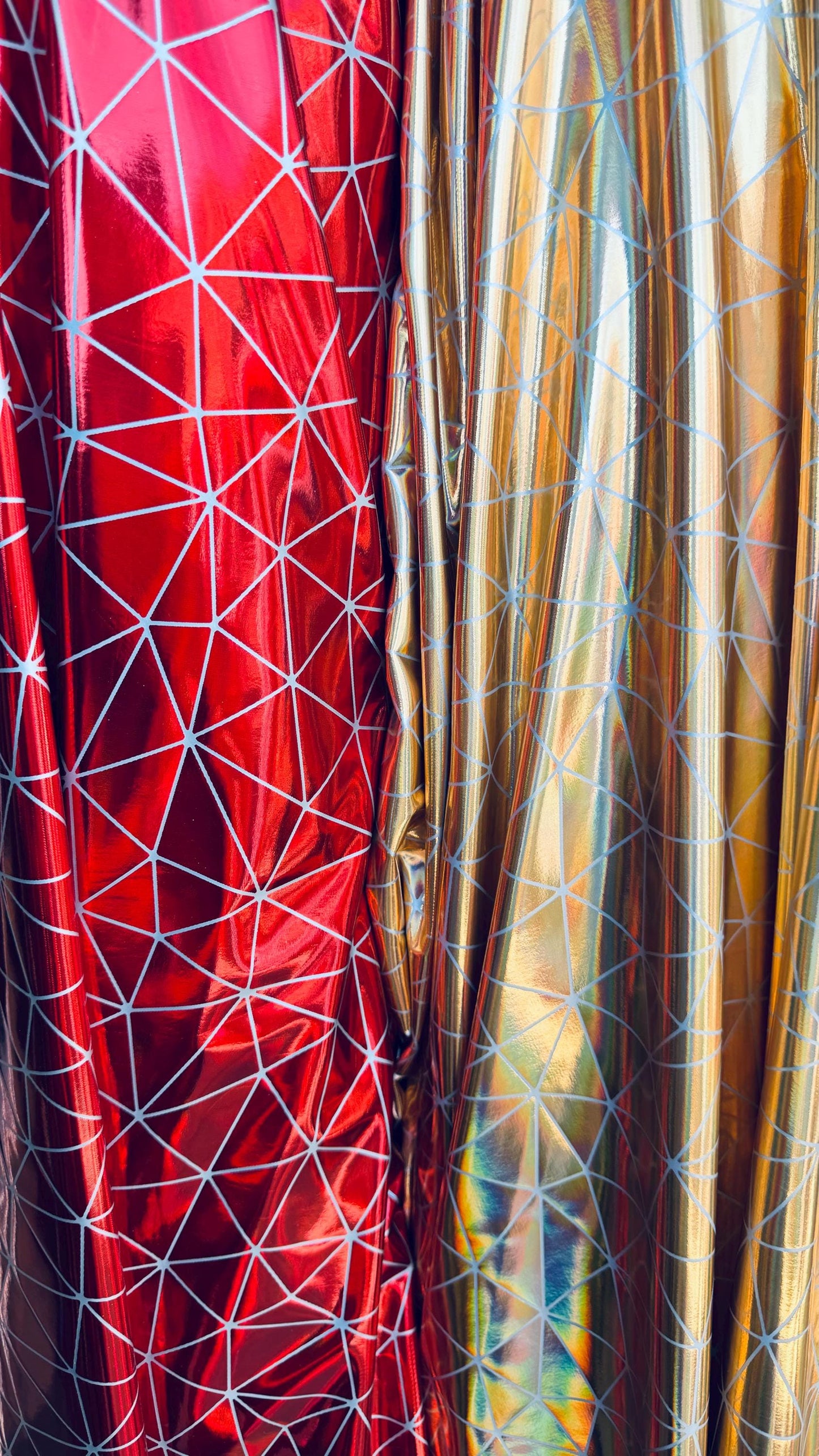 New shattered glass design Iridescent foil metallic nylon spandex 4-way stretch 58/60” Sold by the YD. Ships Worldwide from Los Angeles CA