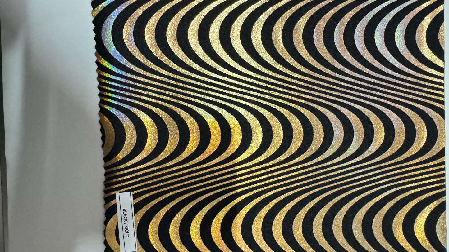 New abstract Wavy design print on great quality of Nylon spandex with iridescent foil 4-way stretch 58/60” Sold by the YD. Ships worldwide