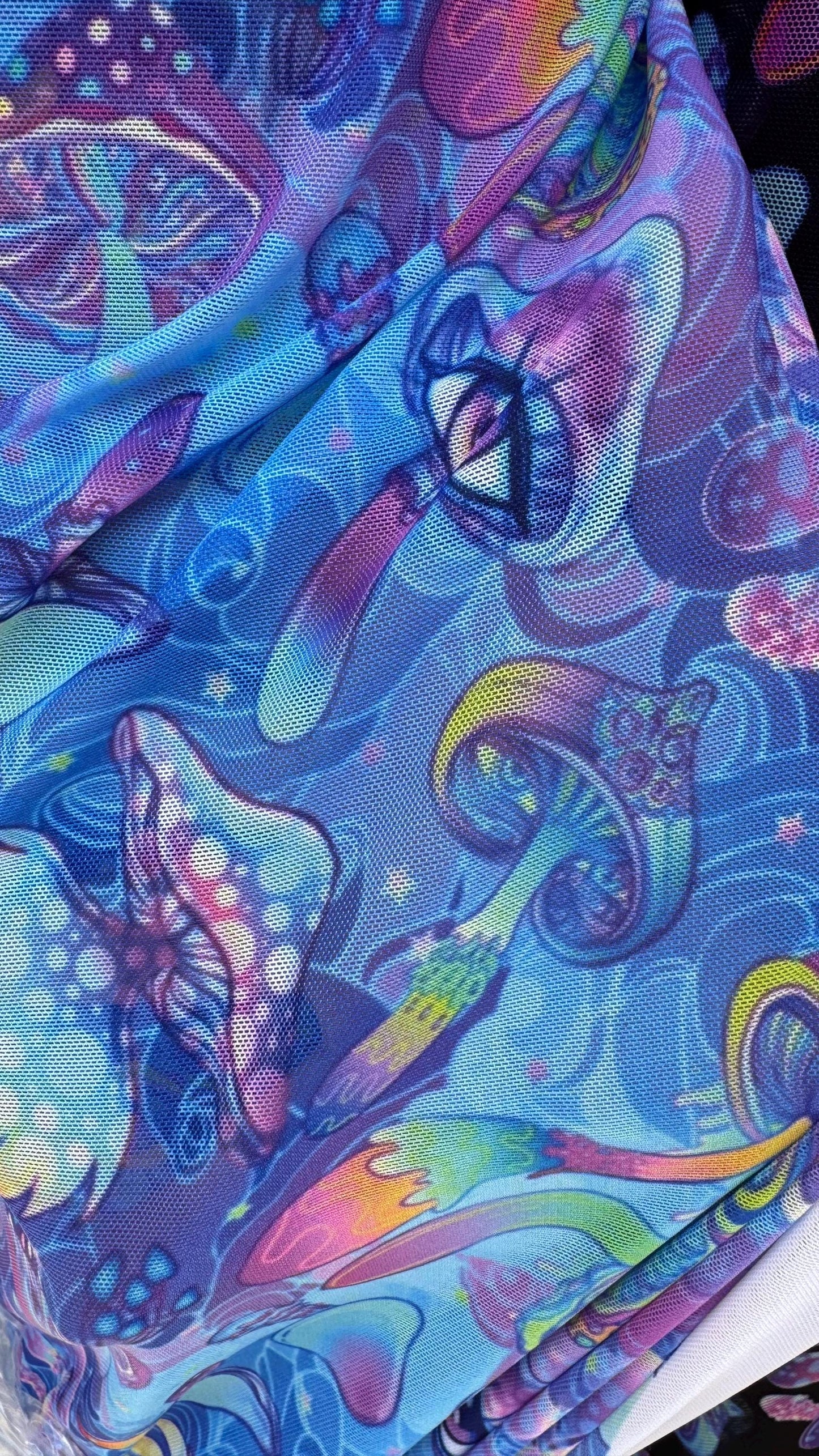 New Magic Mushrooms design print on great quality of nylon spandex power mesh 4-way stretch 58/60” Sold by the YD. Ships Worldwide