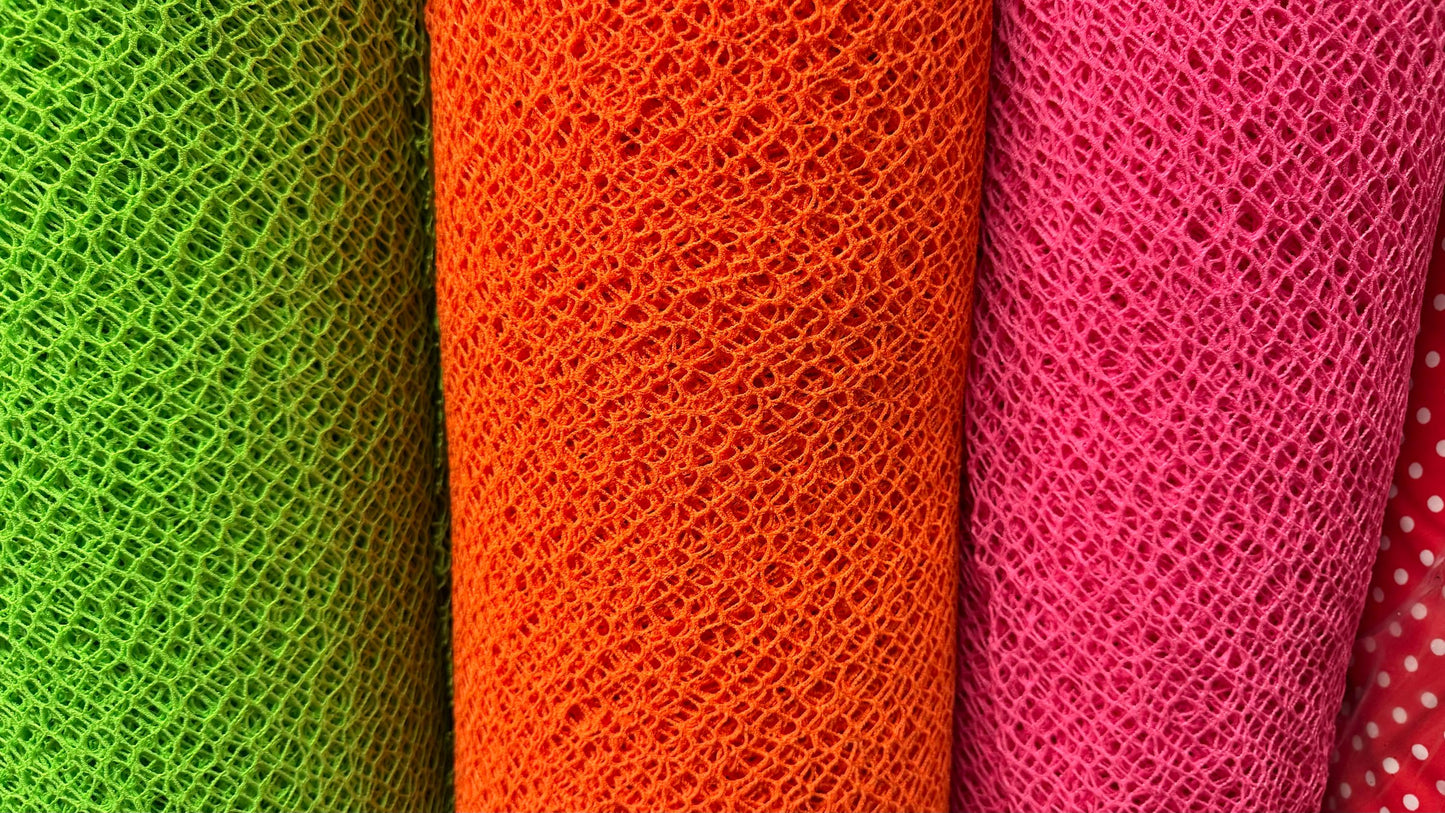 Spider Fishnet white and neon colors nylon spandex 4-way stretch 58/60” Sold by the YD. Ships Worldwide from Los Angeles California USA