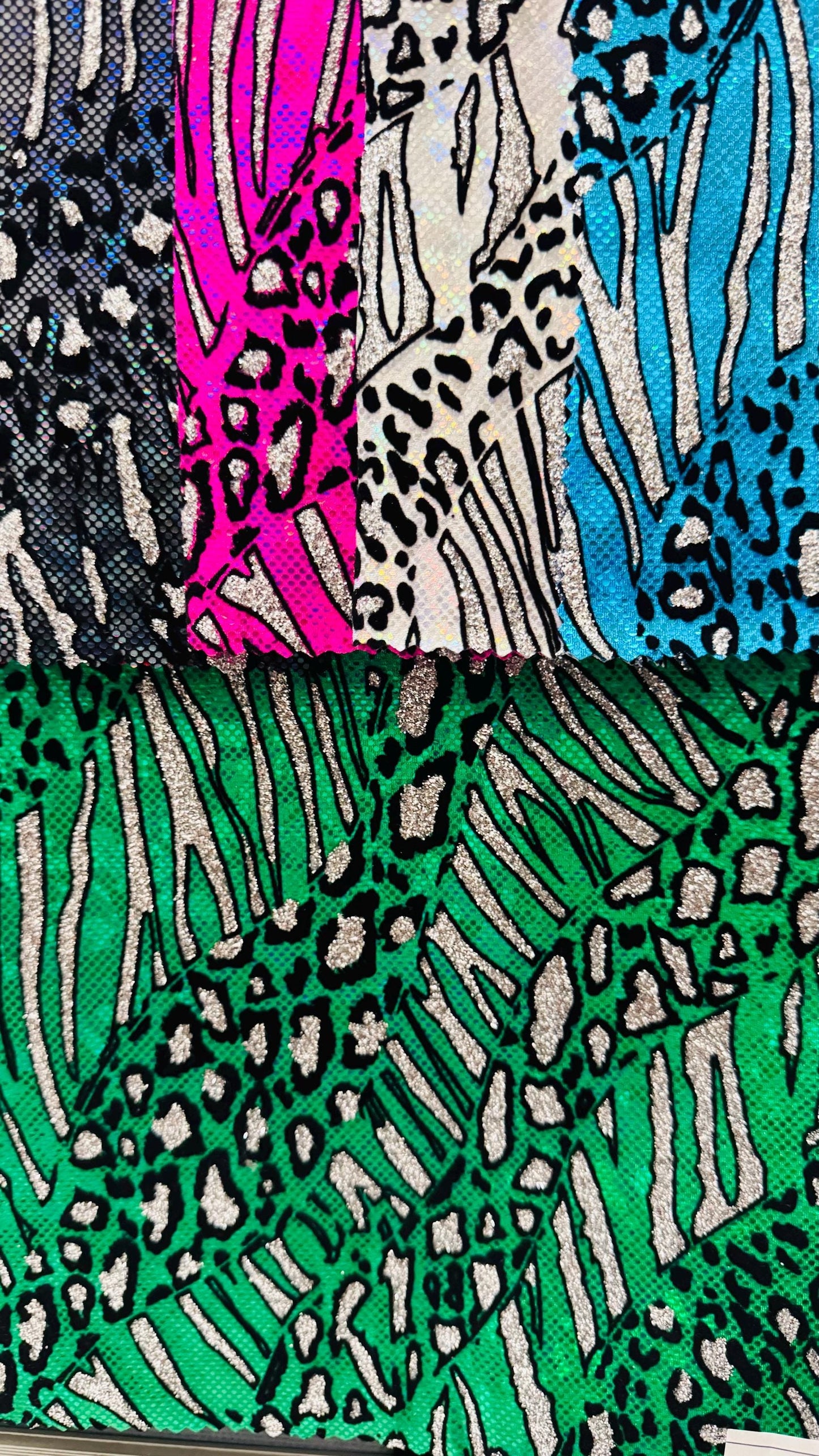 New Safari design metallic nylon spandex with flocking and glitter 4way 58/60" Sold by the YD. Ships worldwide from Los Angeles California.