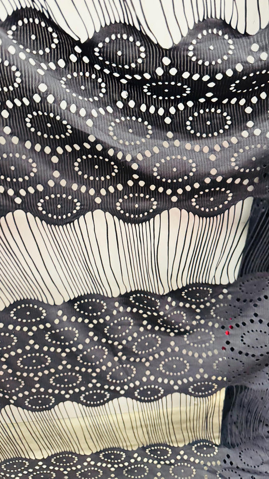 Spandex Fringe Geometric design nylon spandex 4-way stretch 55/57” Sold by the YD. Ships worldwide from Los Angeles California USA.