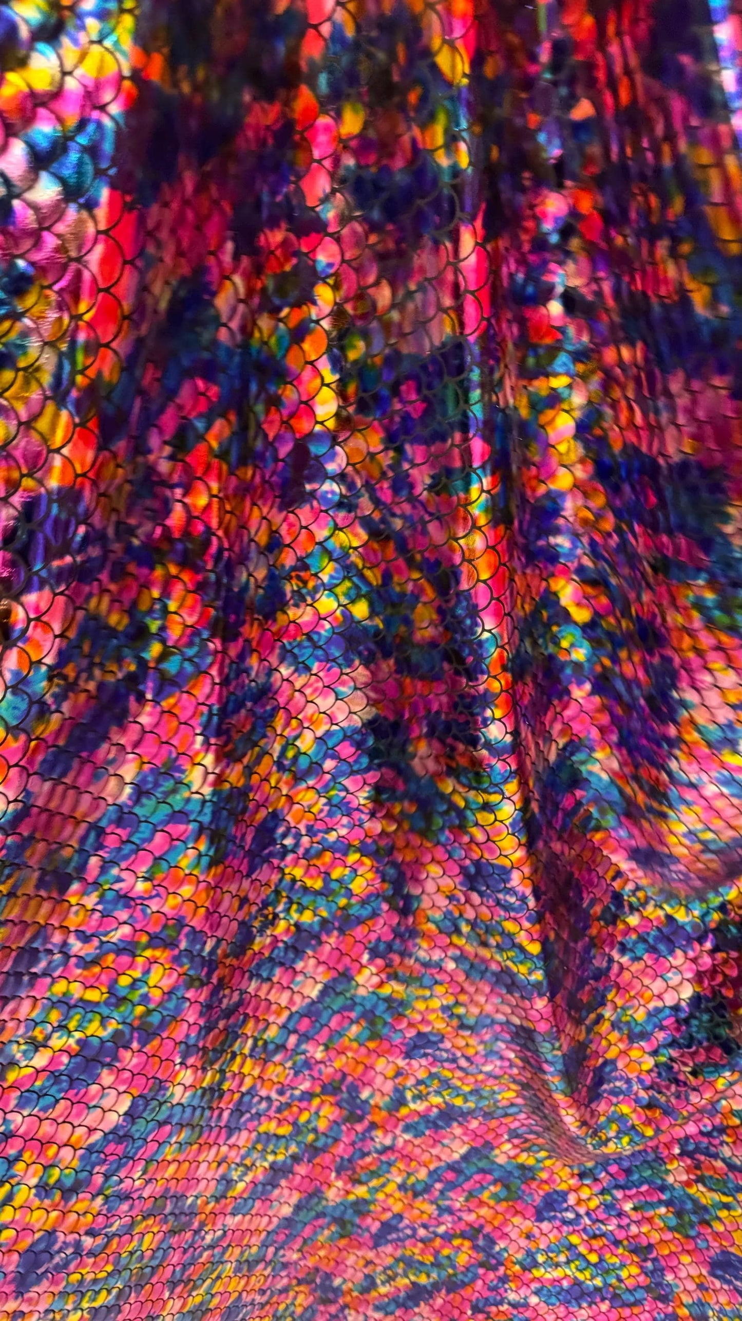 Mermaid Rainbow design tie dye multicolor hologram metallic nylon spandex 4way stretch 58/60" Sold by the YD. Ships worldwide from LA