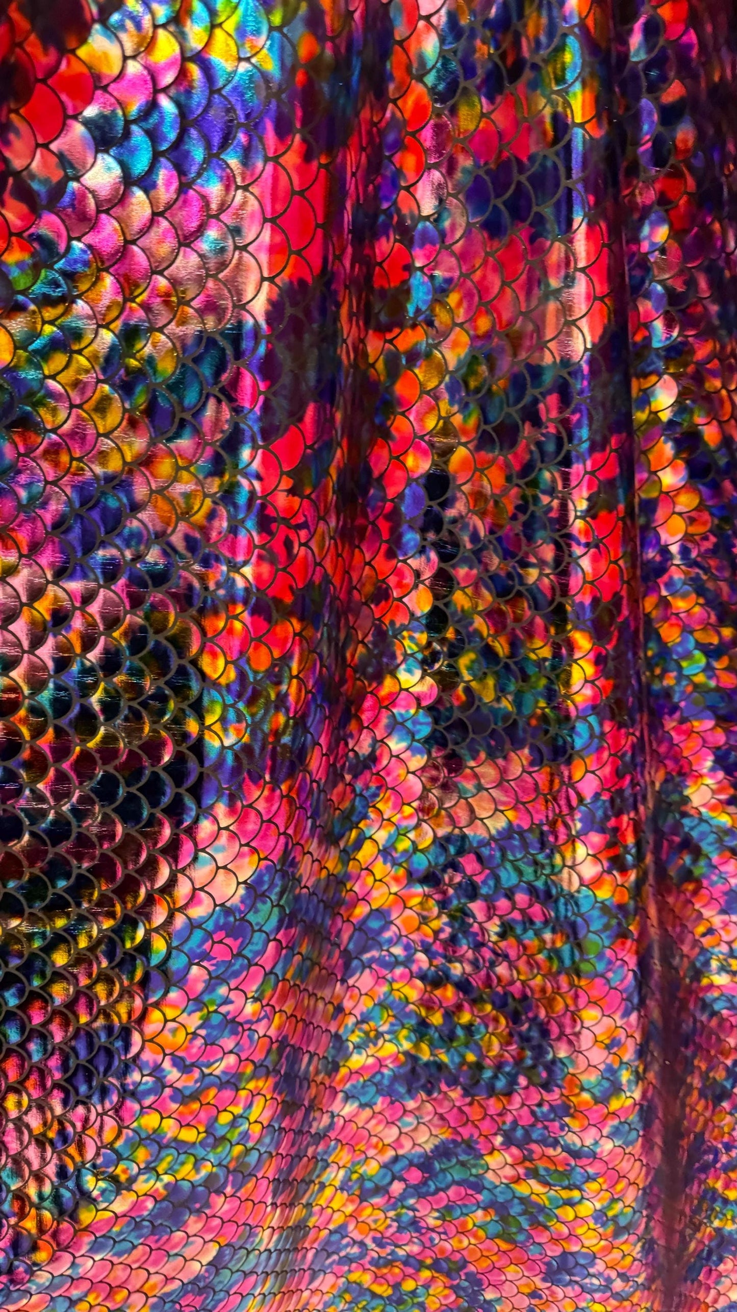 Mermaid Rainbow design tie dye multicolor hologram metallic nylon spandex 4way stretch 58/60" Sold by the YD. Ships worldwide from LA