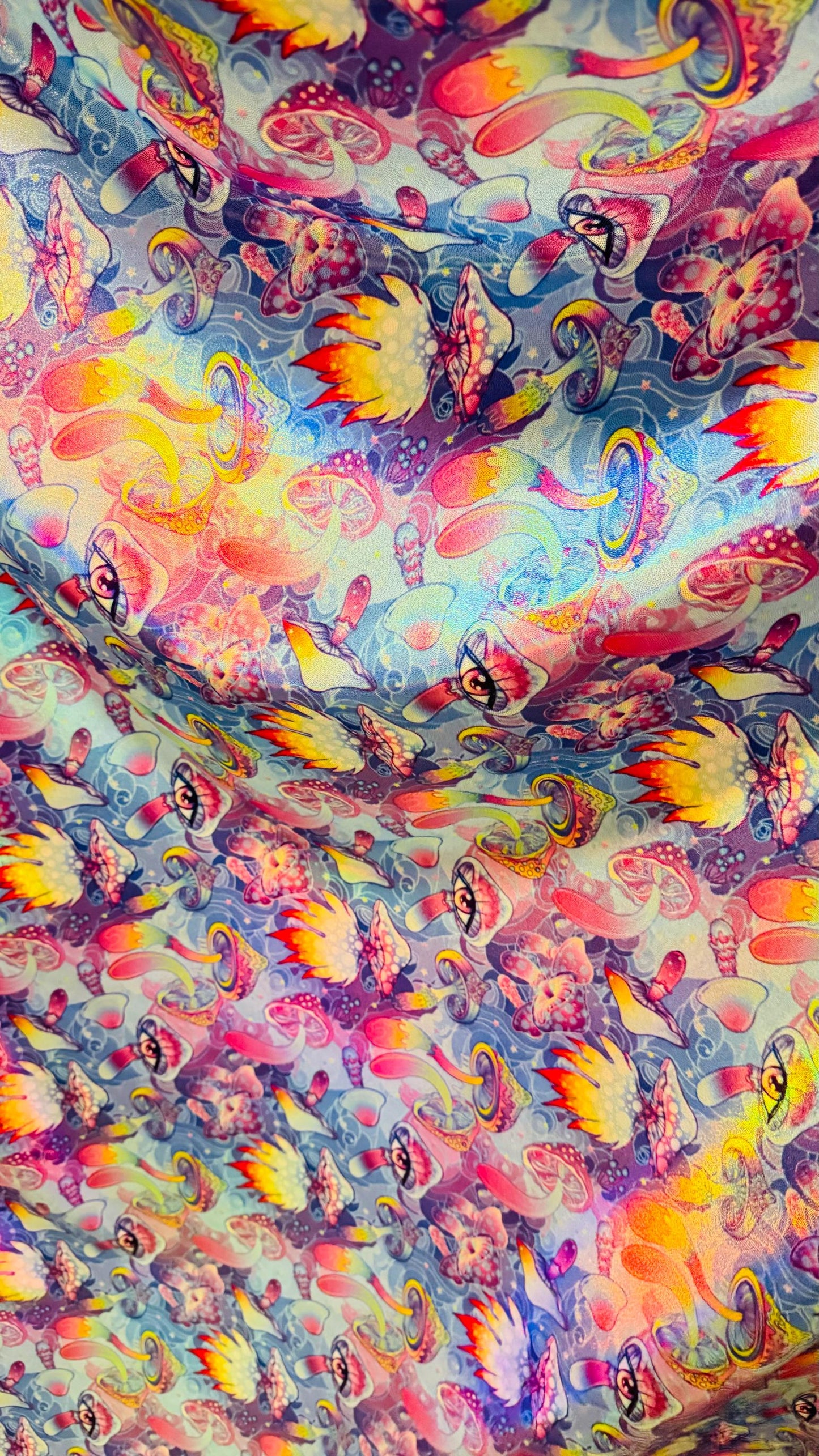 3D Mushrooms design Blue multicolor print on Iridescence metallic heavy quality of nylon spandex 4-way stretch 58/60” Sold by the YD.