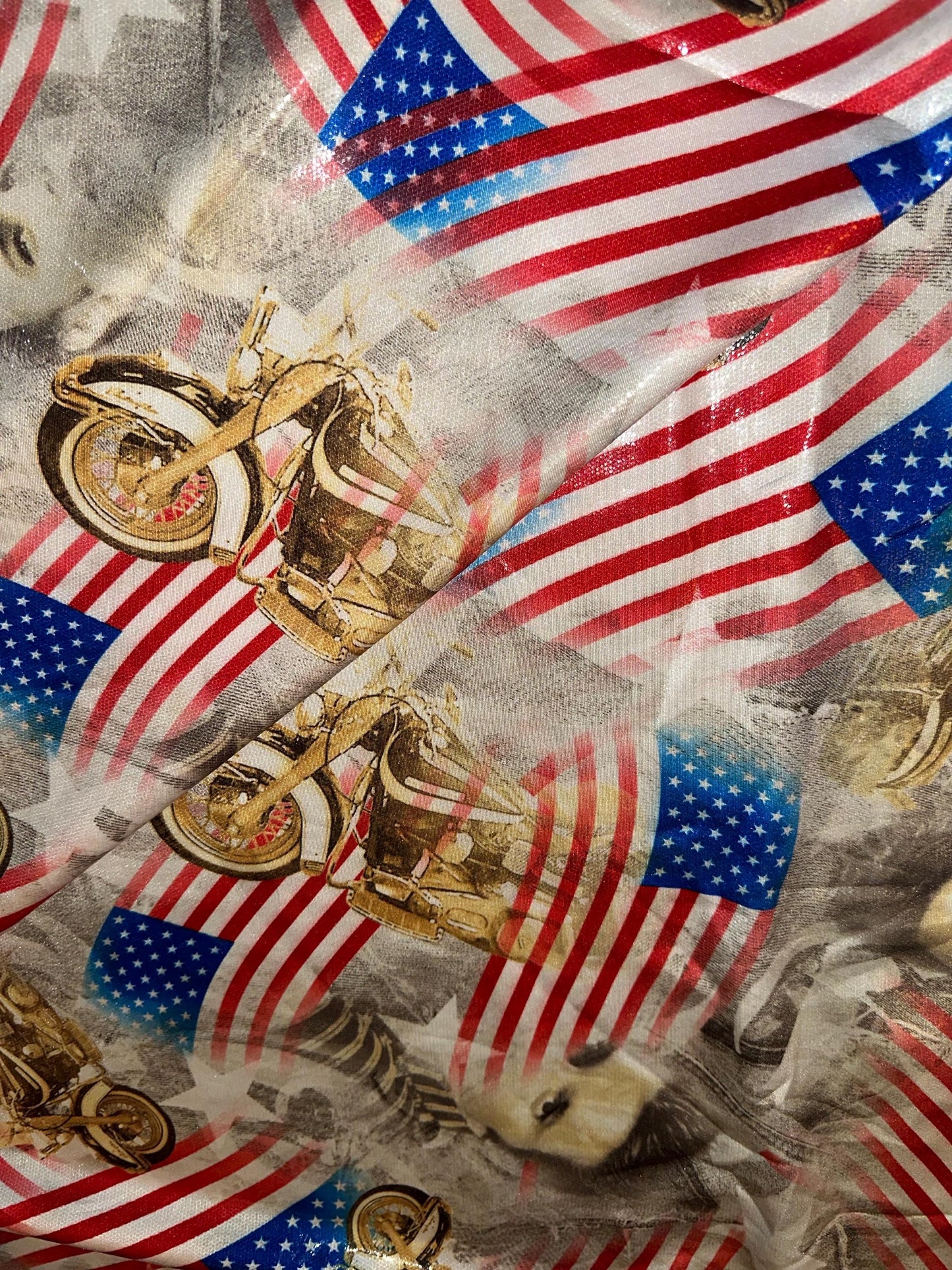 American flag design heavy metallic nylon spandex 4way stretch 58/60" Sold by the YD. Ships worldwide from Los Angeles California USA.