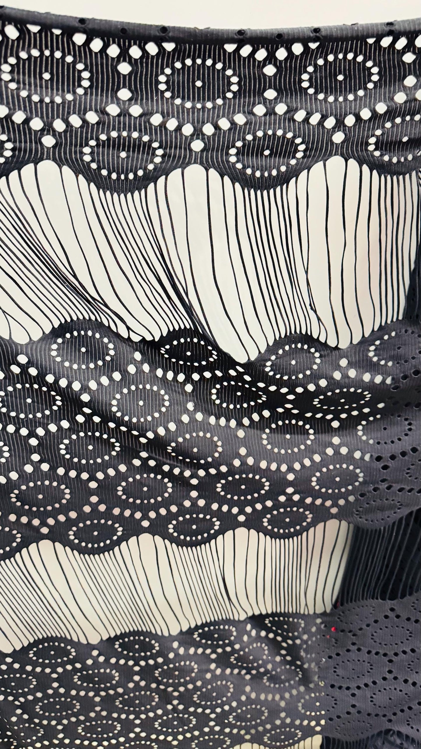 Spandex Fringe Geometric design nylon spandex 4-way stretch 55/57” Sold by the YD. Ships worldwide from Los Angeles California USA.