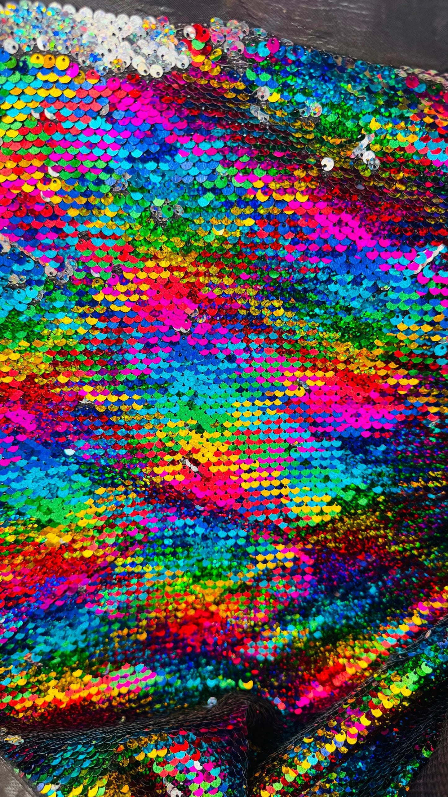 New Rainbow Geometric sequins mermaid reversible sequins rainbow/silver on non stretch base 58/60" Sold by the YD. Ships Worldwide from LA