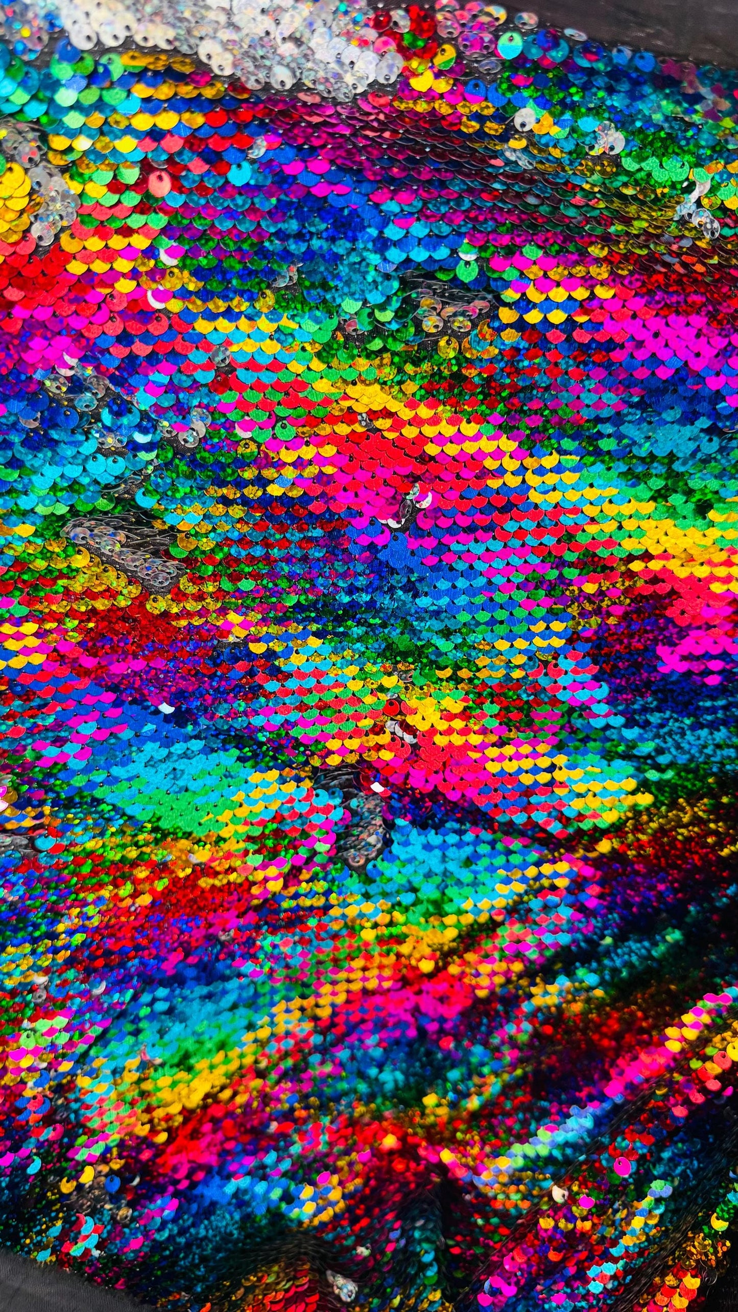 New Rainbow Geometric sequins mermaid reversible sequins rainbow/silver on non stretch base 58/60" Sold by the YD. Ships Worldwide from LA