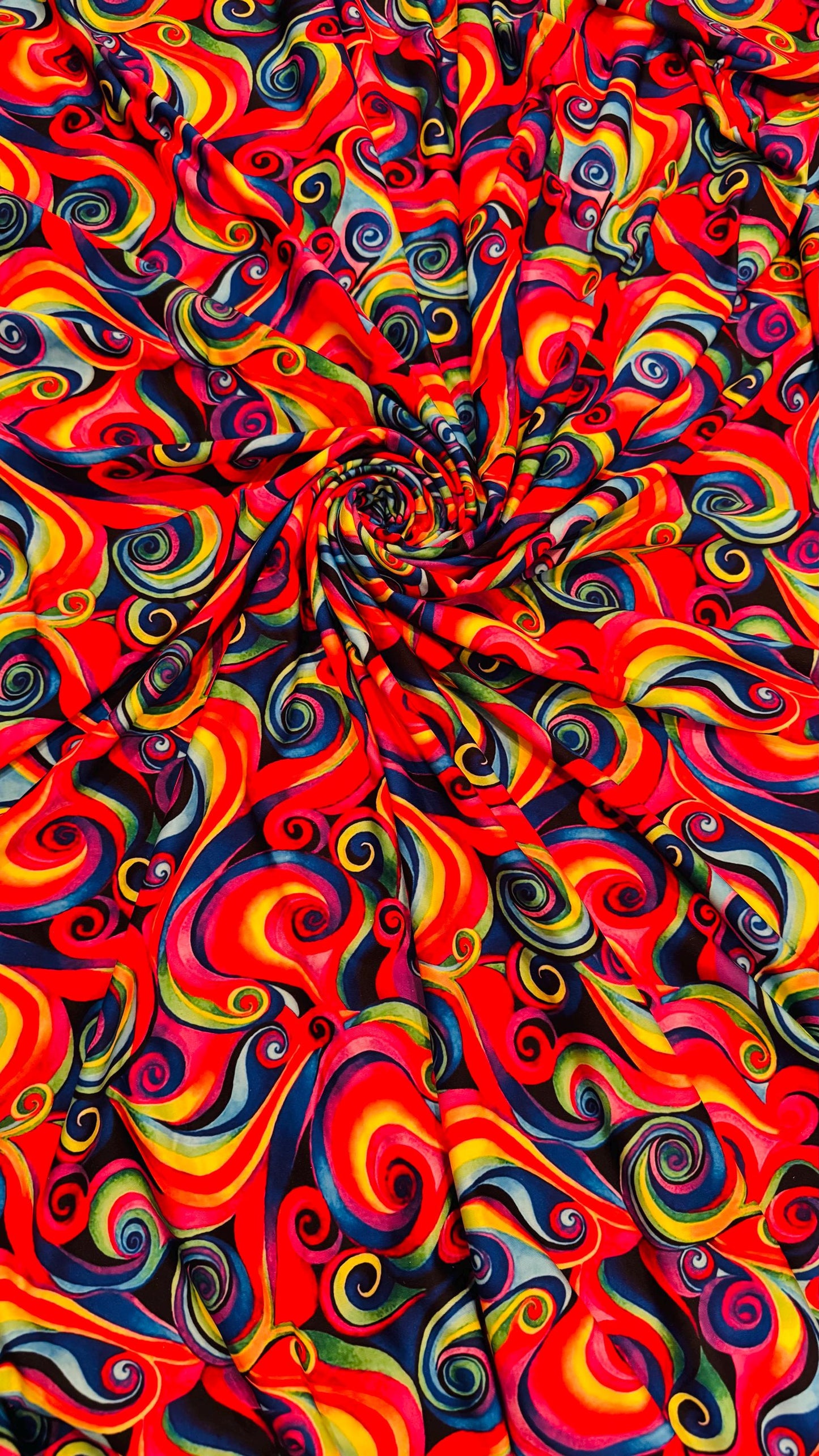 Modern abstract Paisley design multicolor heavy stretch velvet 4-way 58/60” Sold by the YD. Ships worldwide from Los Angeles California USA.
