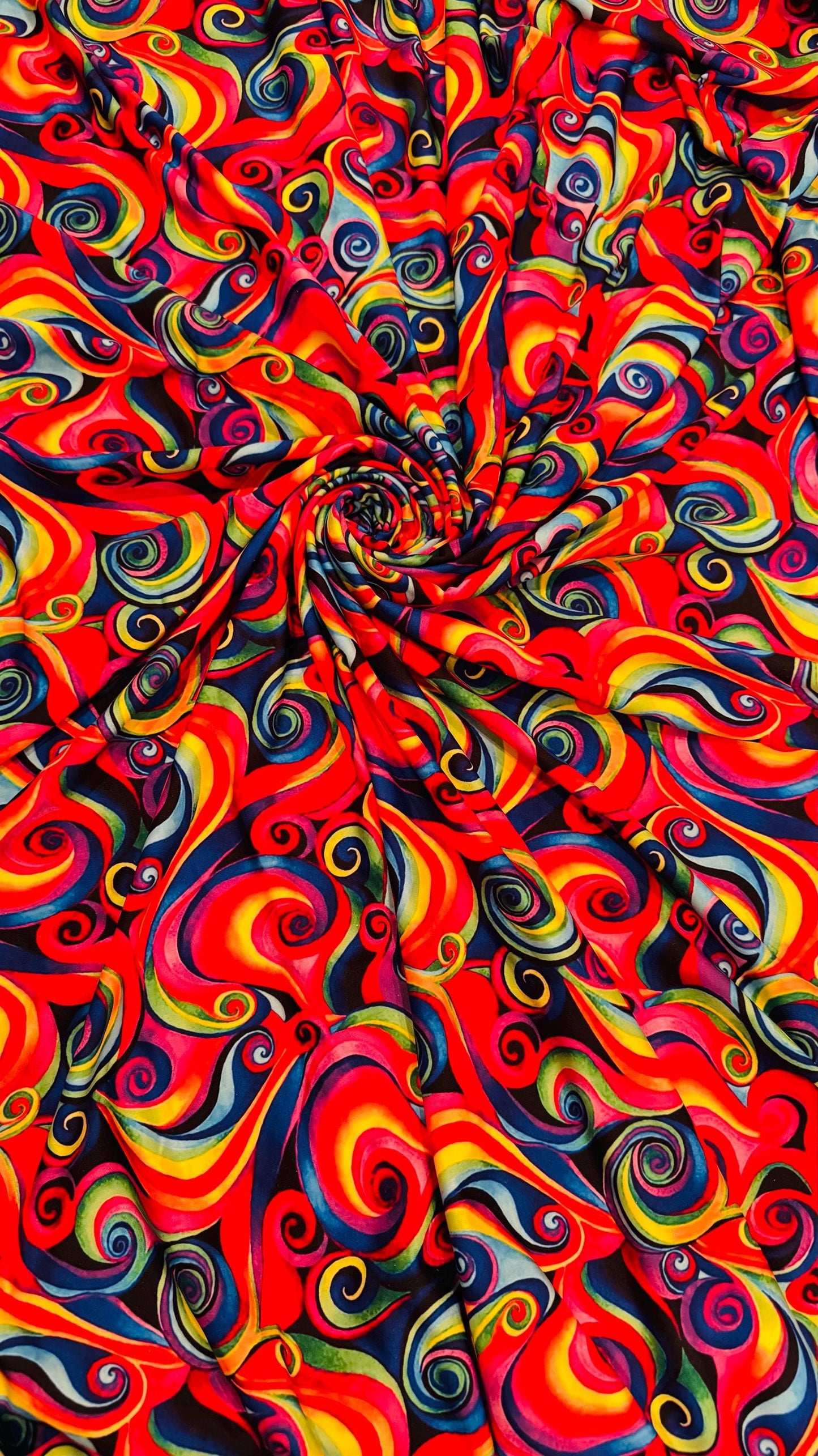 Modern abstract Paisley design multicolor heavy stretch velvet 4-way 58/60” Sold by the YD. Ships worldwide from Los Angeles California USA.